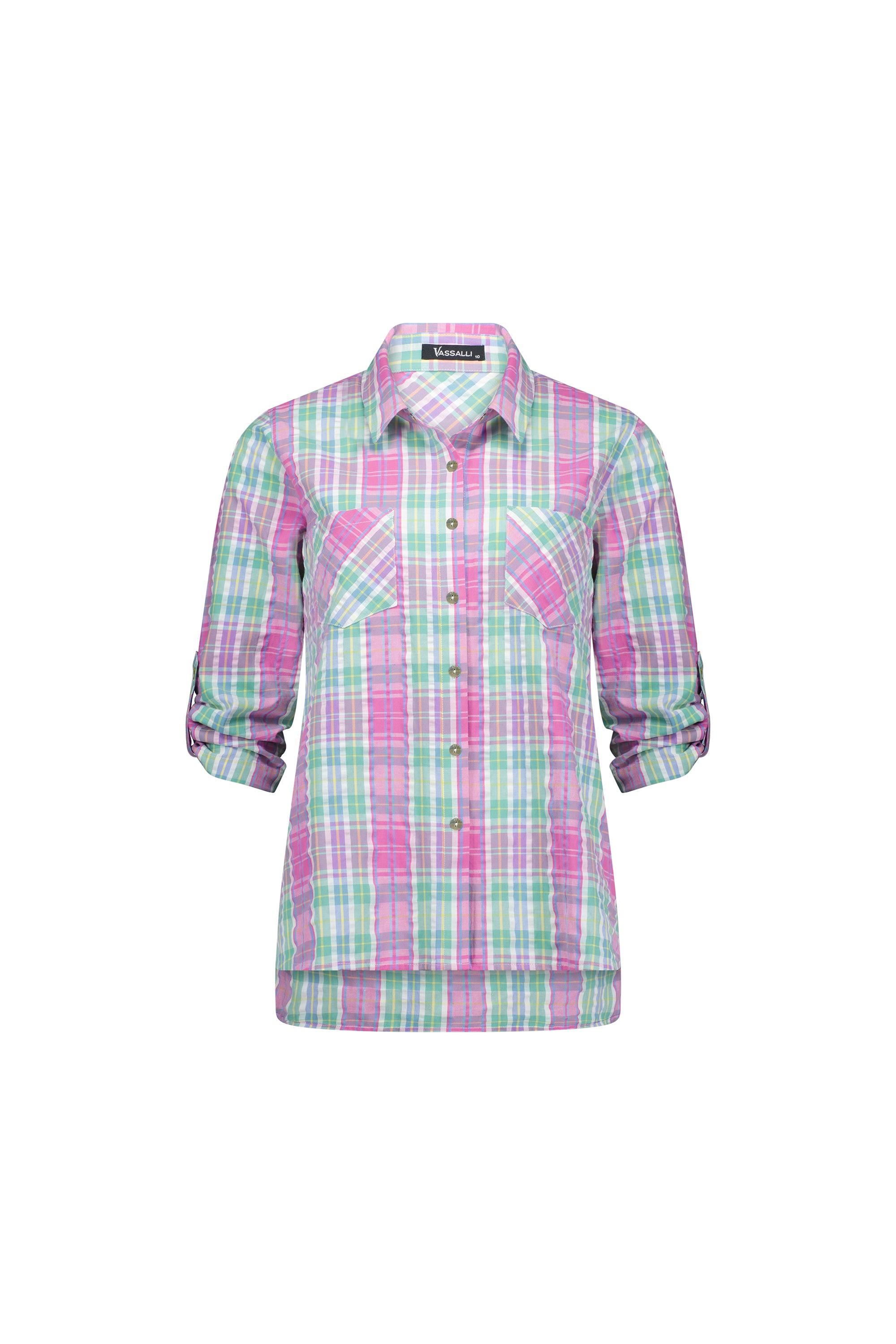 The Vassalli Button Front Shirt - Pink Check features green and blue plaid, chest pockets, and tab sleeves rolled to the elbows, shown on a white background.