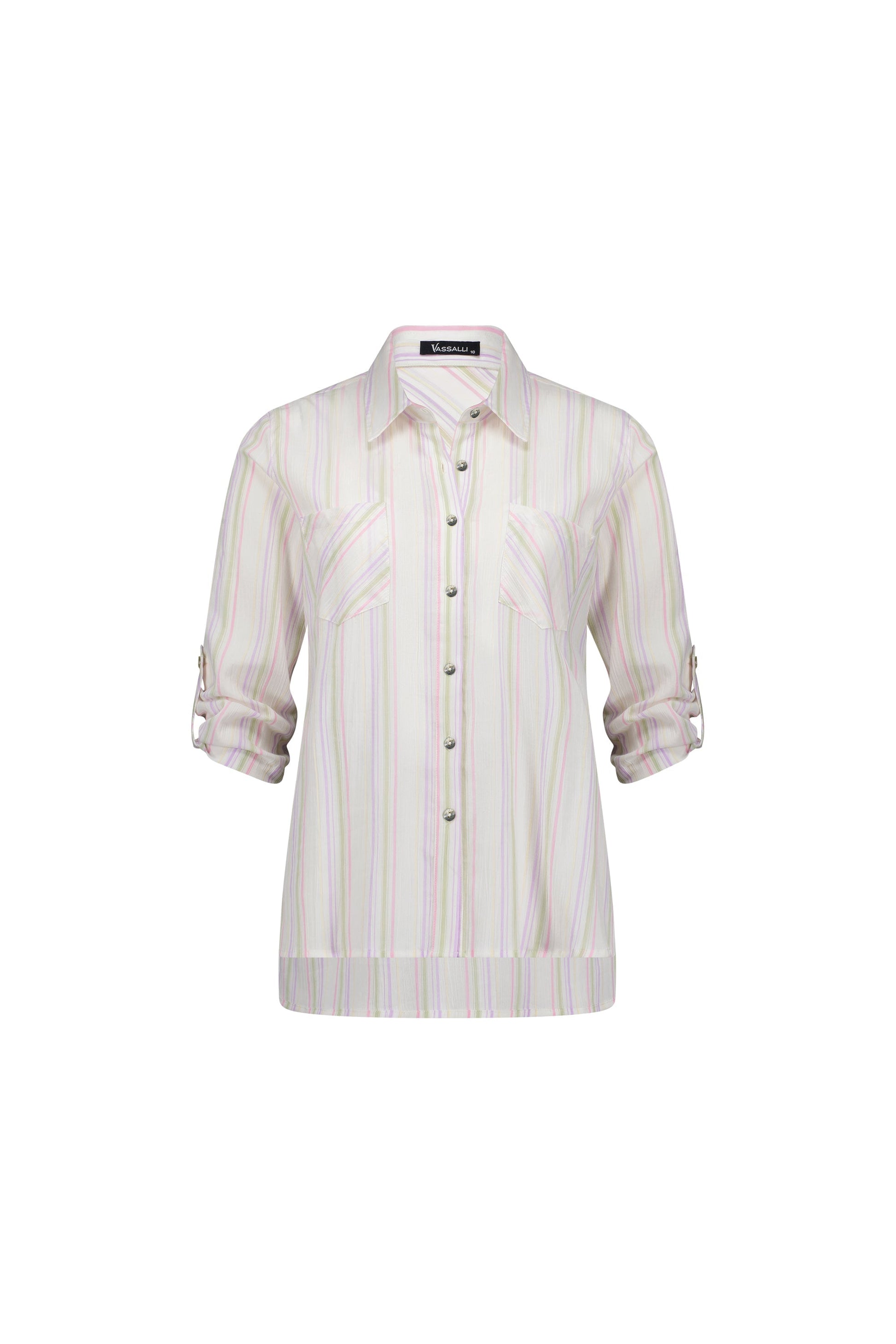 4384 Stripe - Button Front Shirt with Tab Sleeve - Vassalli