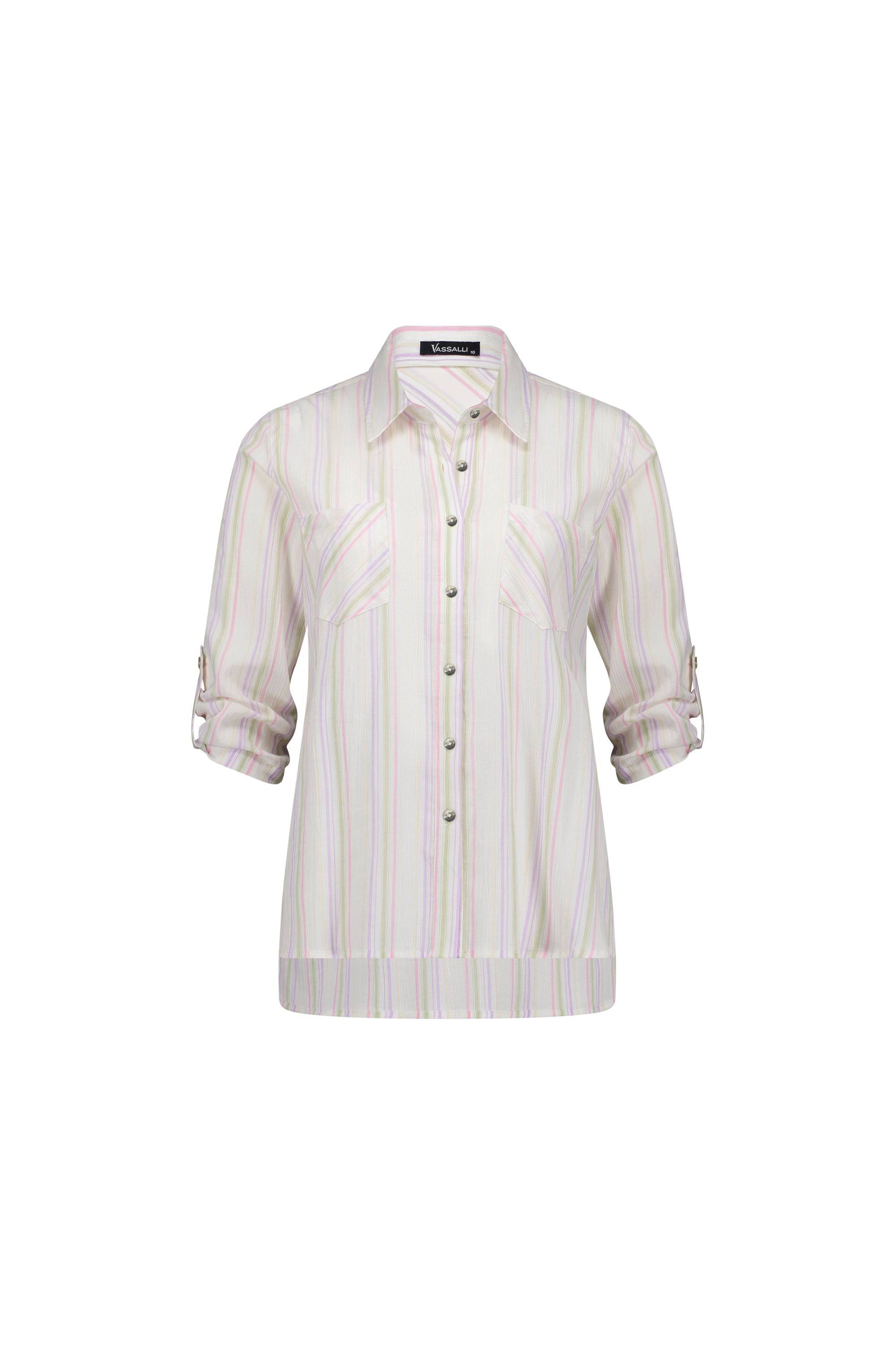 4384 Stripe - Button Front Shirt with Tab Sleeve - Vassalli