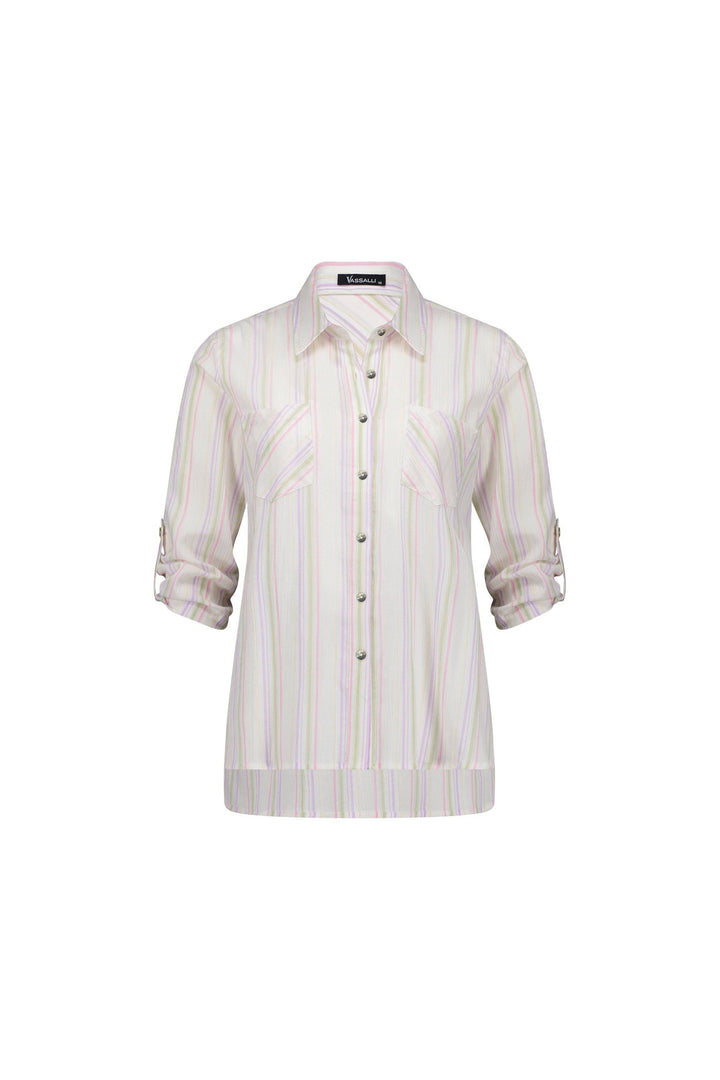 4384 Stripe - Button Front Shirt with Tab Sleeve - Vassalli