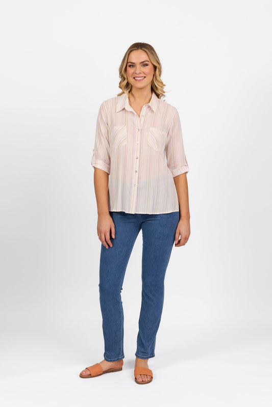 4384 Stripe - Button Front Shirt with Tab Sleeve - Vassalli