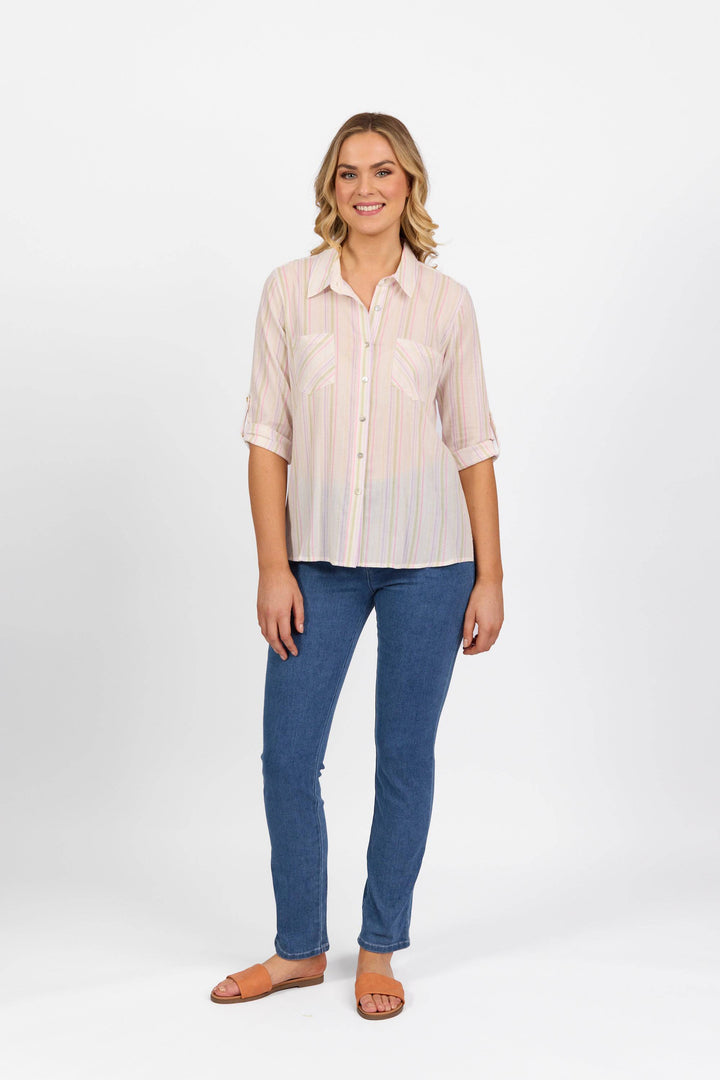 4384 Stripe - Button Front Shirt with Tab Sleeve - Vassalli