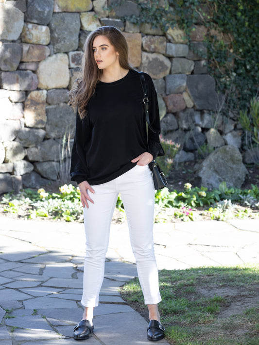 4391 Black - 100% Merino Round Neck Drop Shoulder Top - Vassalli