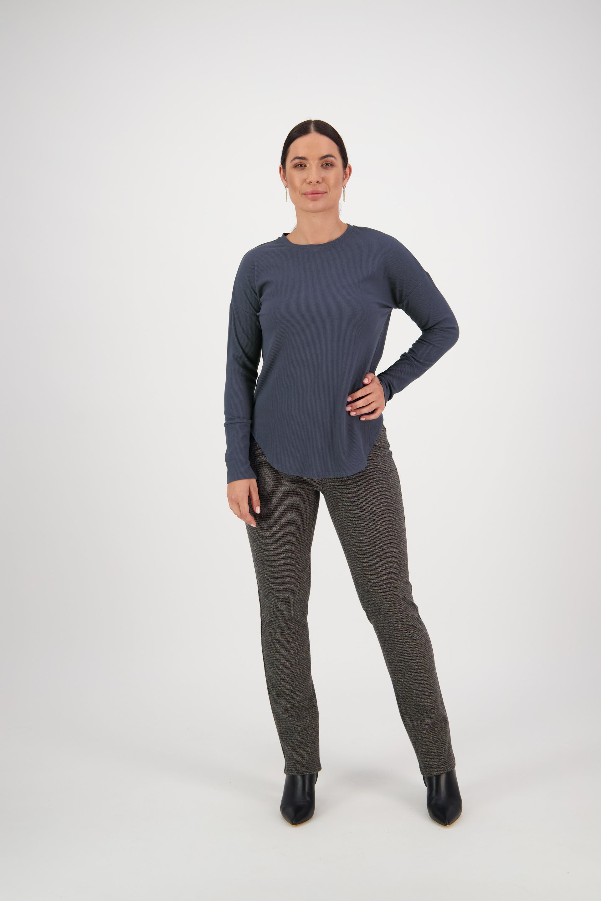 4396A Denim Blue - Round Neck Top with Cuff Detail - Vassalli