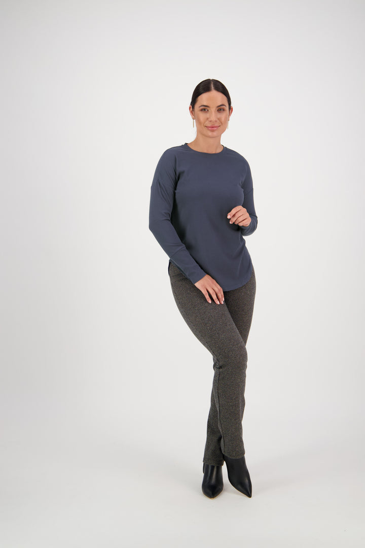 4396A Denim Blue - Round Neck Top with Cuff Detail - Vassalli