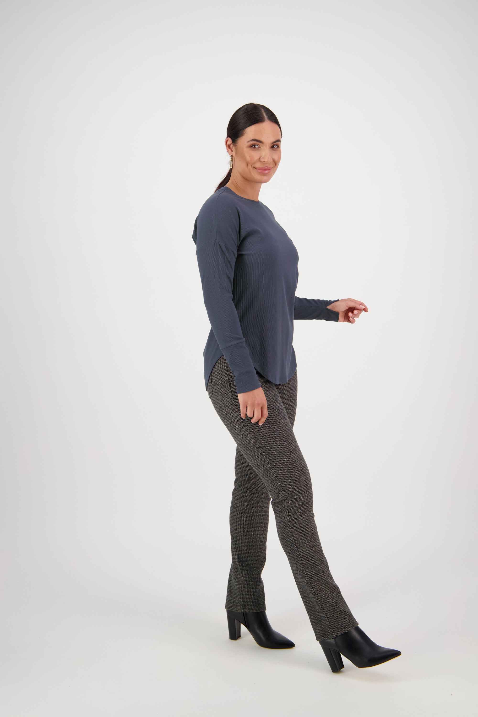 4396A Denim Blue - Round Neck Top with Cuff Detail - Vassalli
