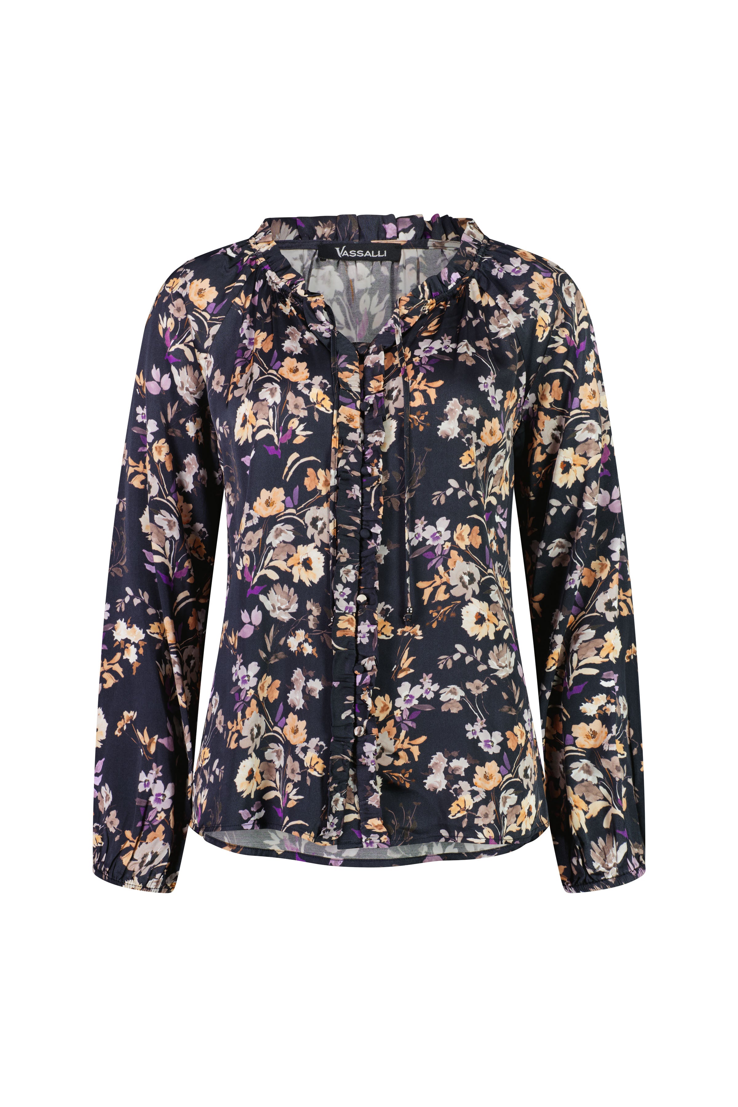 4404 Flora - Printed V Neck Top with Front Frill and Neck Ties - Vassalli