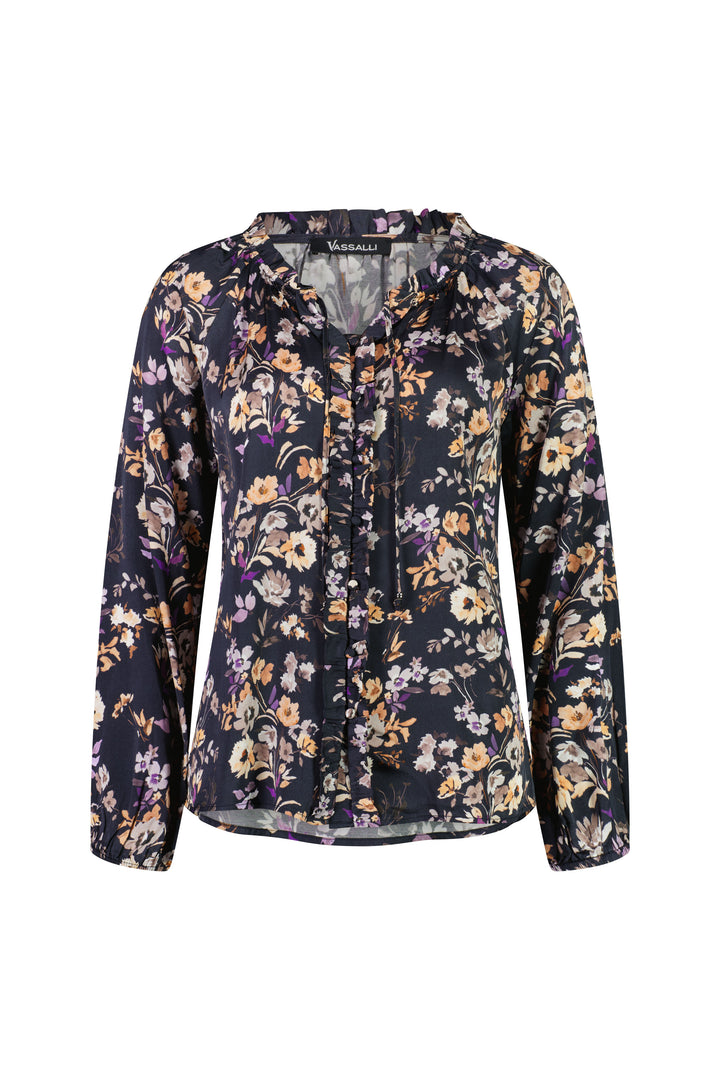 4404 Flora - Printed V Neck Top with Front Frill and Neck Ties - Vassalli