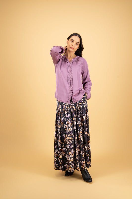 4404 Grape - V Neck Top with Front Frill and Neck Ties - Vassalli