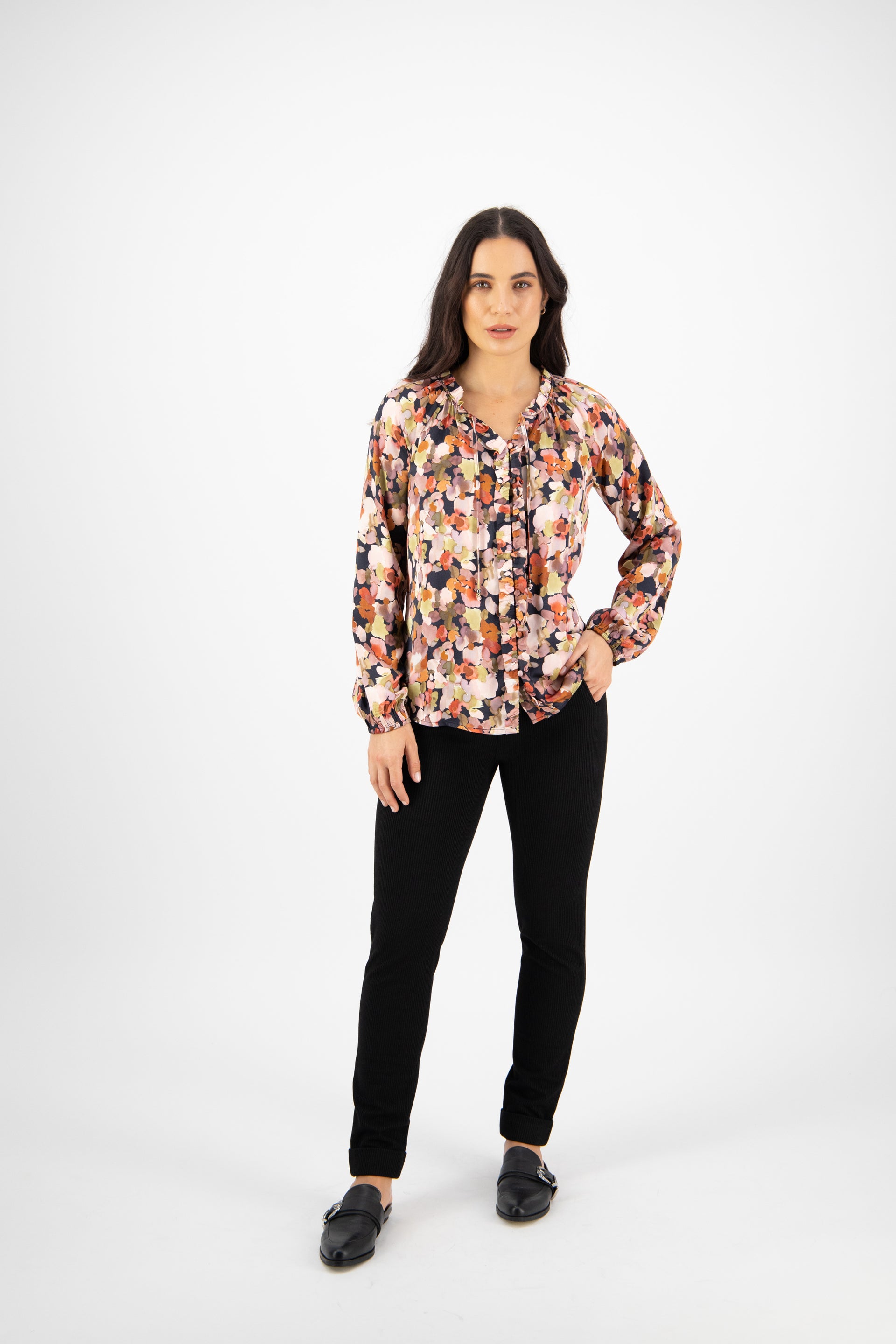4404 Sweet Sage - Plain V Neck Top with Front Frill and Neck Ties - Vassalli