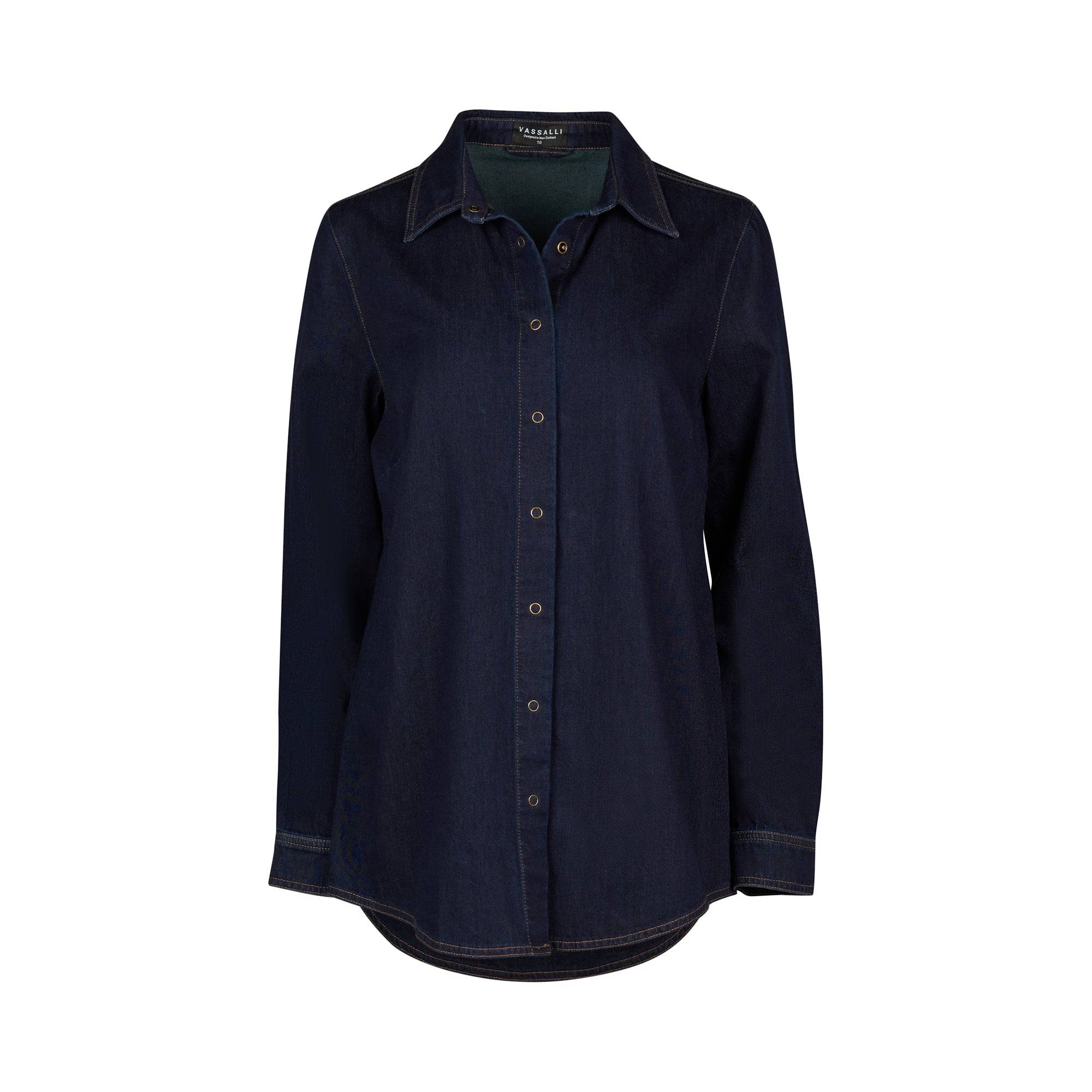 Vassalli Shirt With Poppers in Dark Denim, featuring a slim fit with long sleeves, a classic collar, and visible contrast stitching. The shirt is shown against a plain white background.