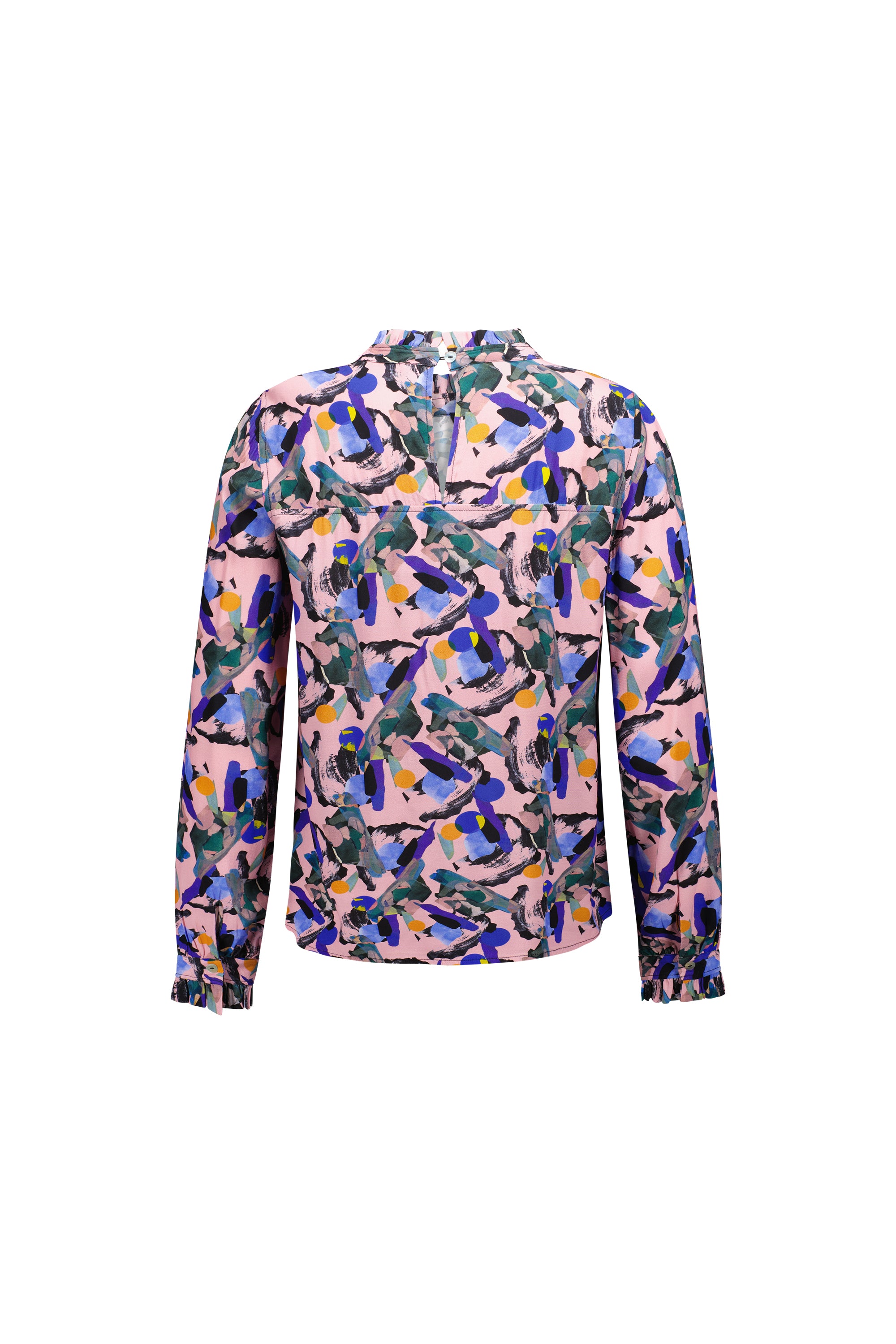 The Vassalli Ruffle Neck Top - Trend features an exclusive abstract print in blue, green, yellow, black, and purple on light pink, with a high collar and long sleeves, displayed on a plain white surface.