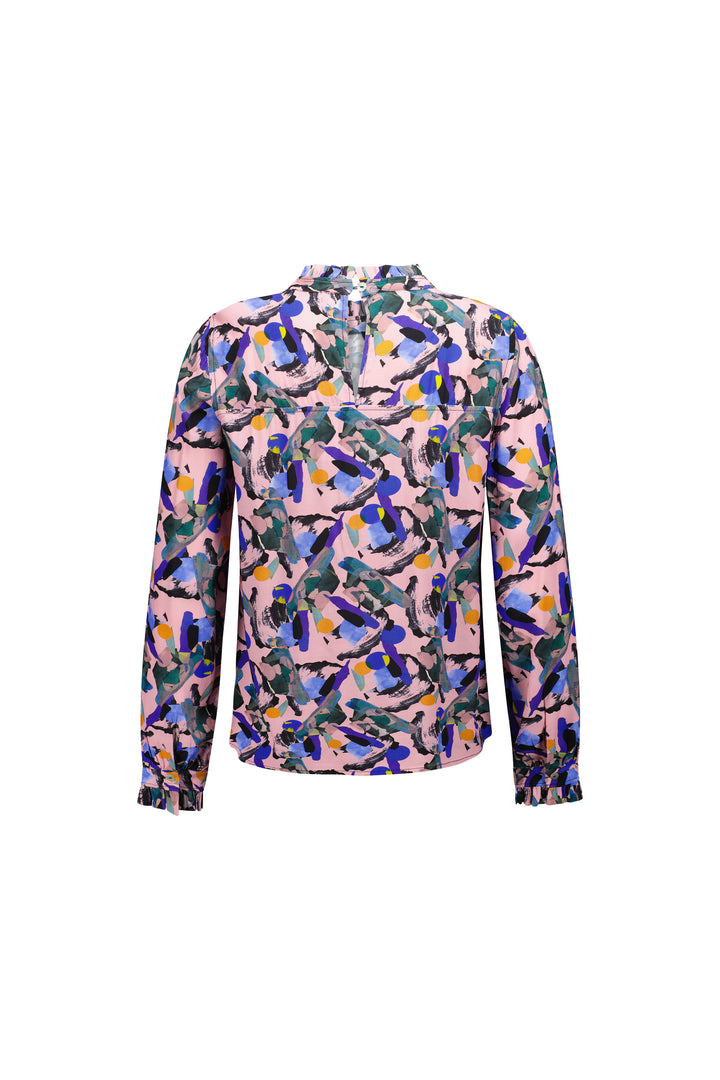 The Vassalli Ruffle Neck Top - Trend features an exclusive abstract print in blue, green, yellow, black, and purple on light pink, with a high collar and long sleeves, displayed on a plain white surface.