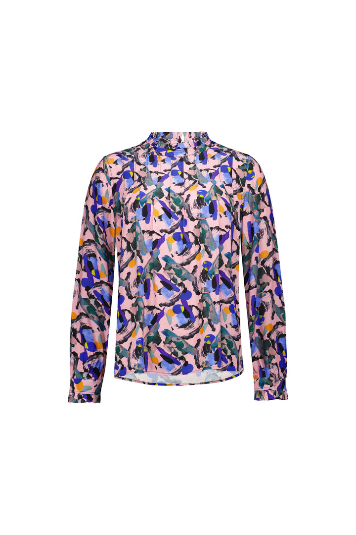 The Vassalli Ruffle Neck Top - Trend features a long sleeve, high neckline, buttoned cuffs, and an exclusive colorful abstract print in blue, purple, pink, yellow, and black.