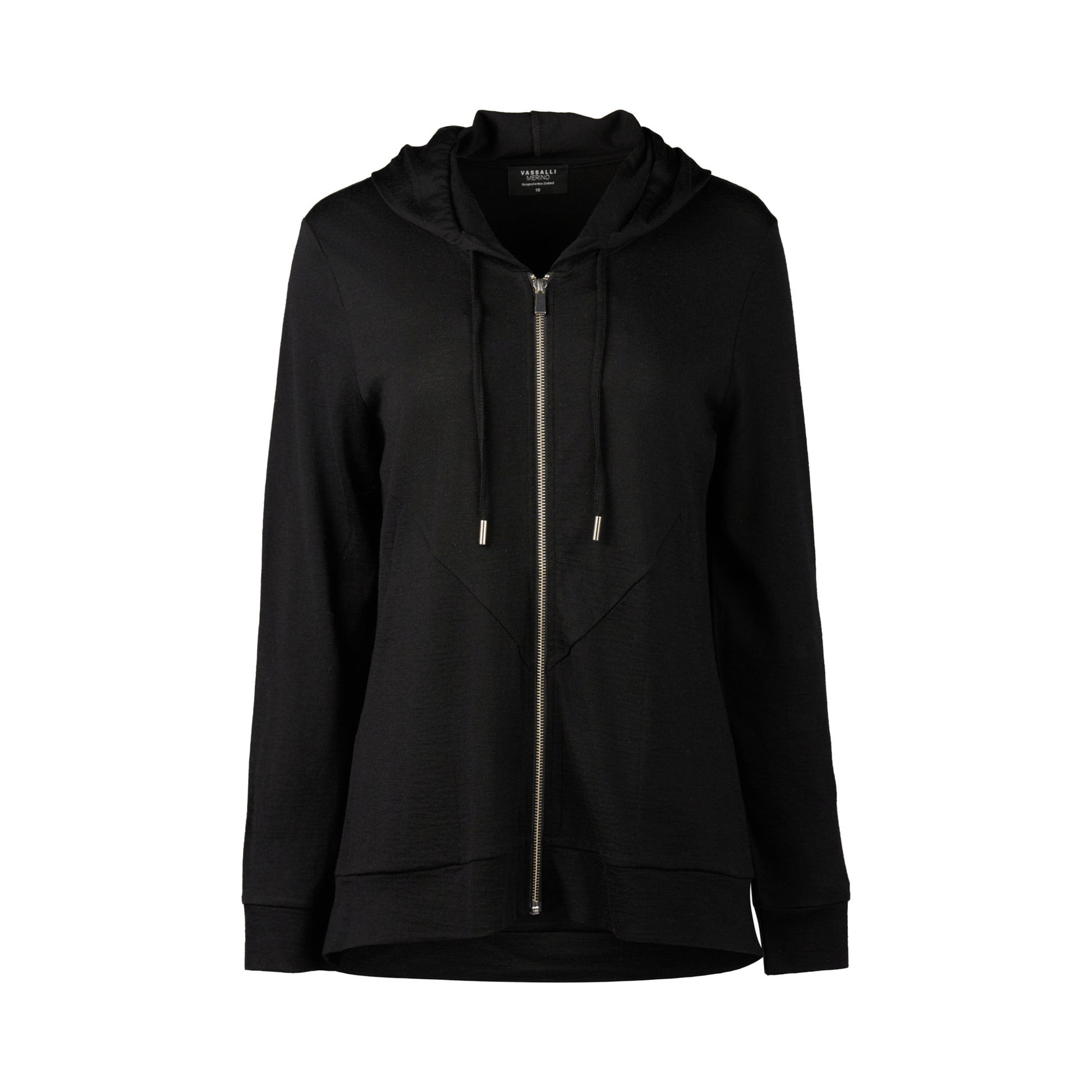 4437A Black - 100% Merino Zip Up Hooded Jacket with Scooped Back Hem - Vassalli