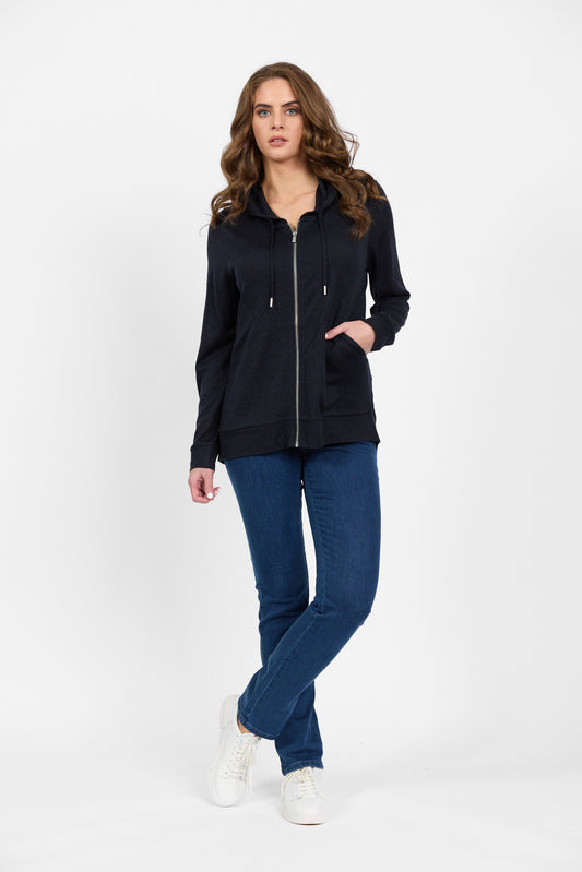 4437A Midnight - 100% Merino Zip Up Hooded Jacket with Scooped Back Hem - Vassalli