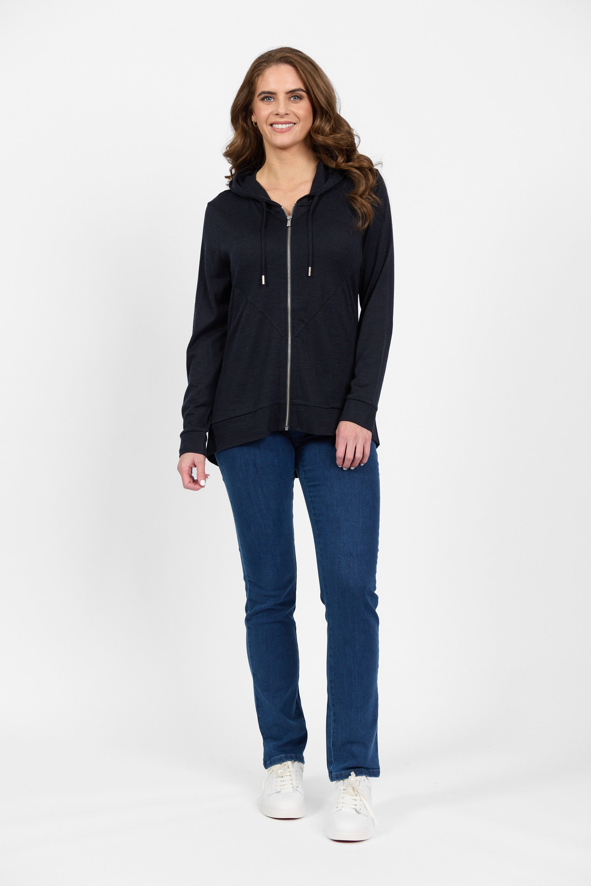 4437A Midnight - 100% Merino Zip Up Hooded Jacket with Scooped Back Hem - Vassalli