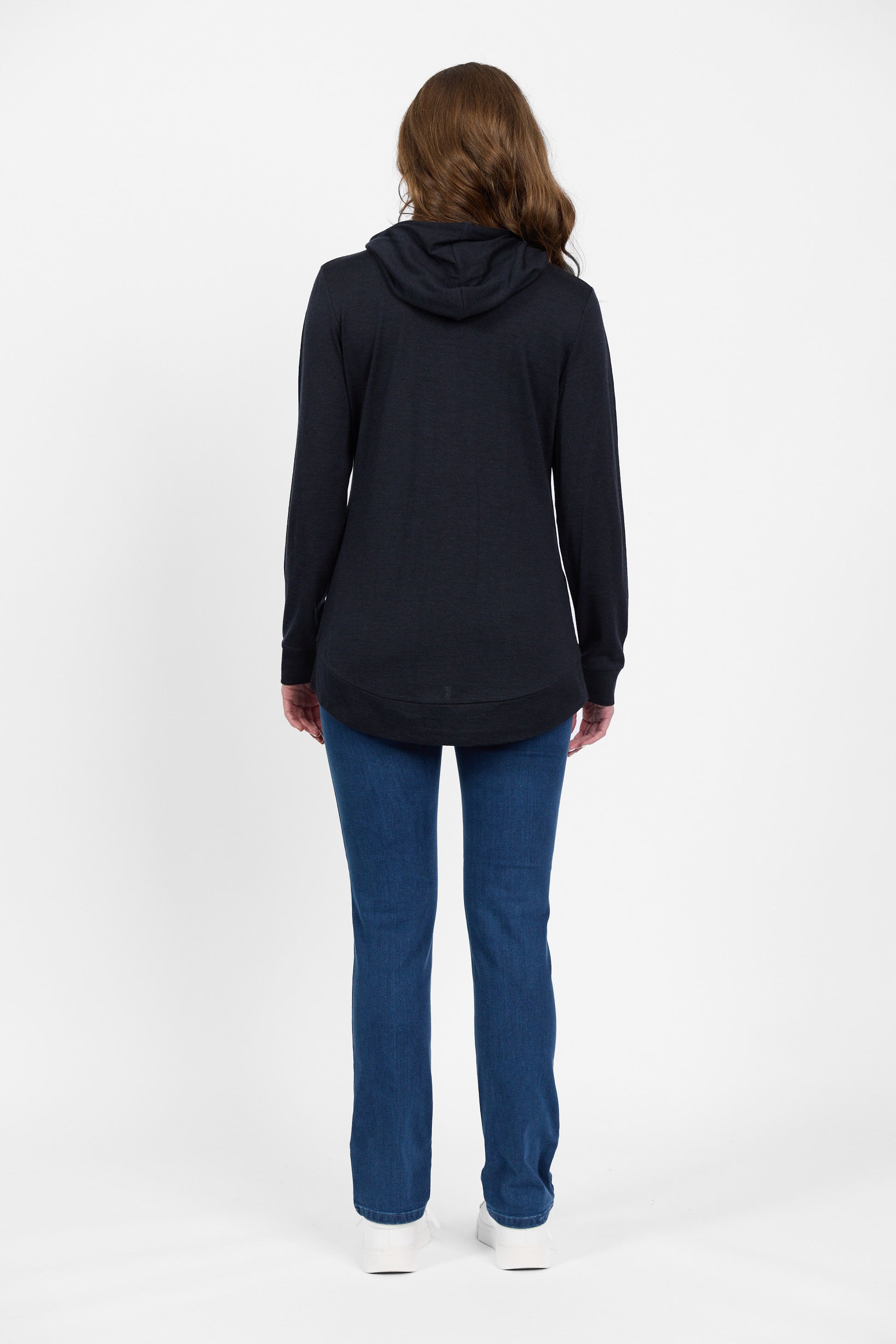 4437A Midnight - 100% Merino Zip Up Hooded Jacket with Scooped Back Hem - Vassalli