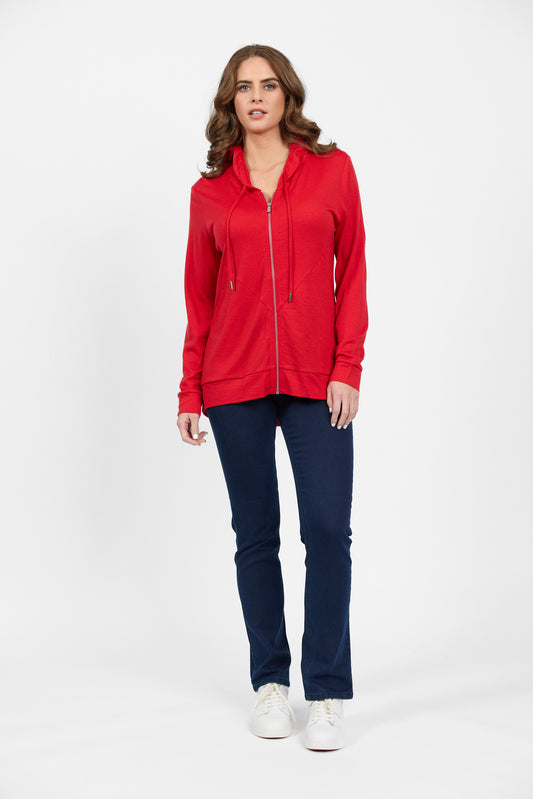 4437A Scarlet - 100% Merino Zip Up Hooded Jacket with Scooped Back Hem - Vassalli