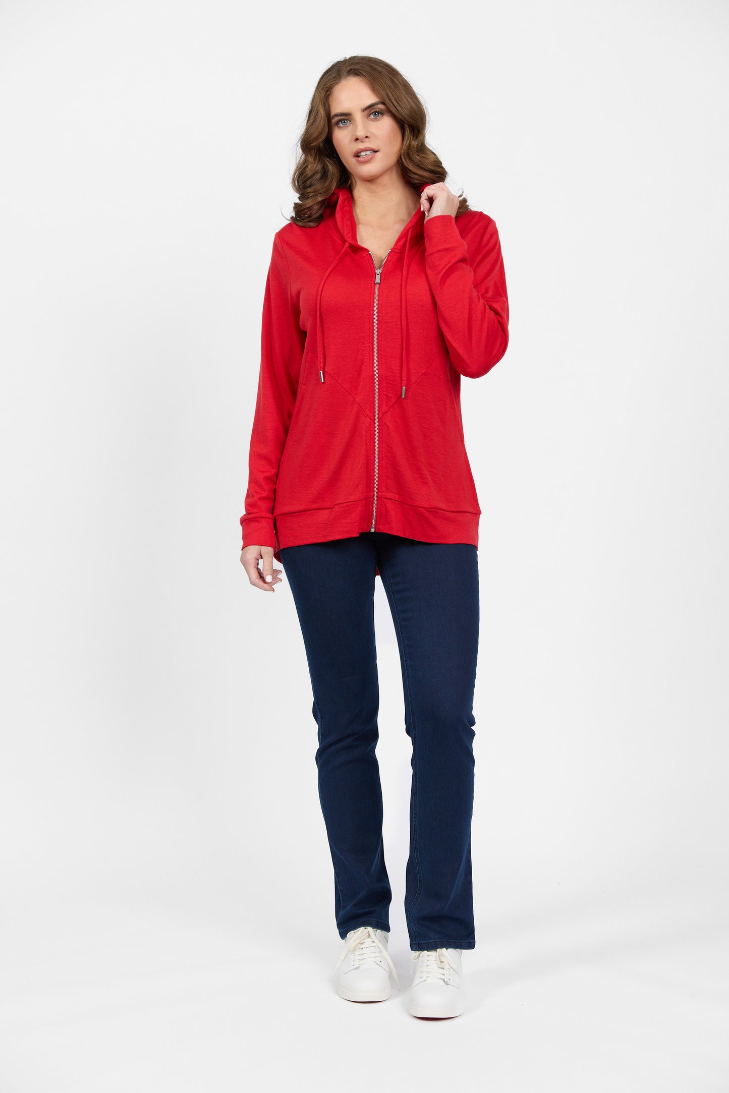 4437A Scarlet - 100% Merino Zip Up Hooded Jacket with Scooped Back Hem - Vassalli