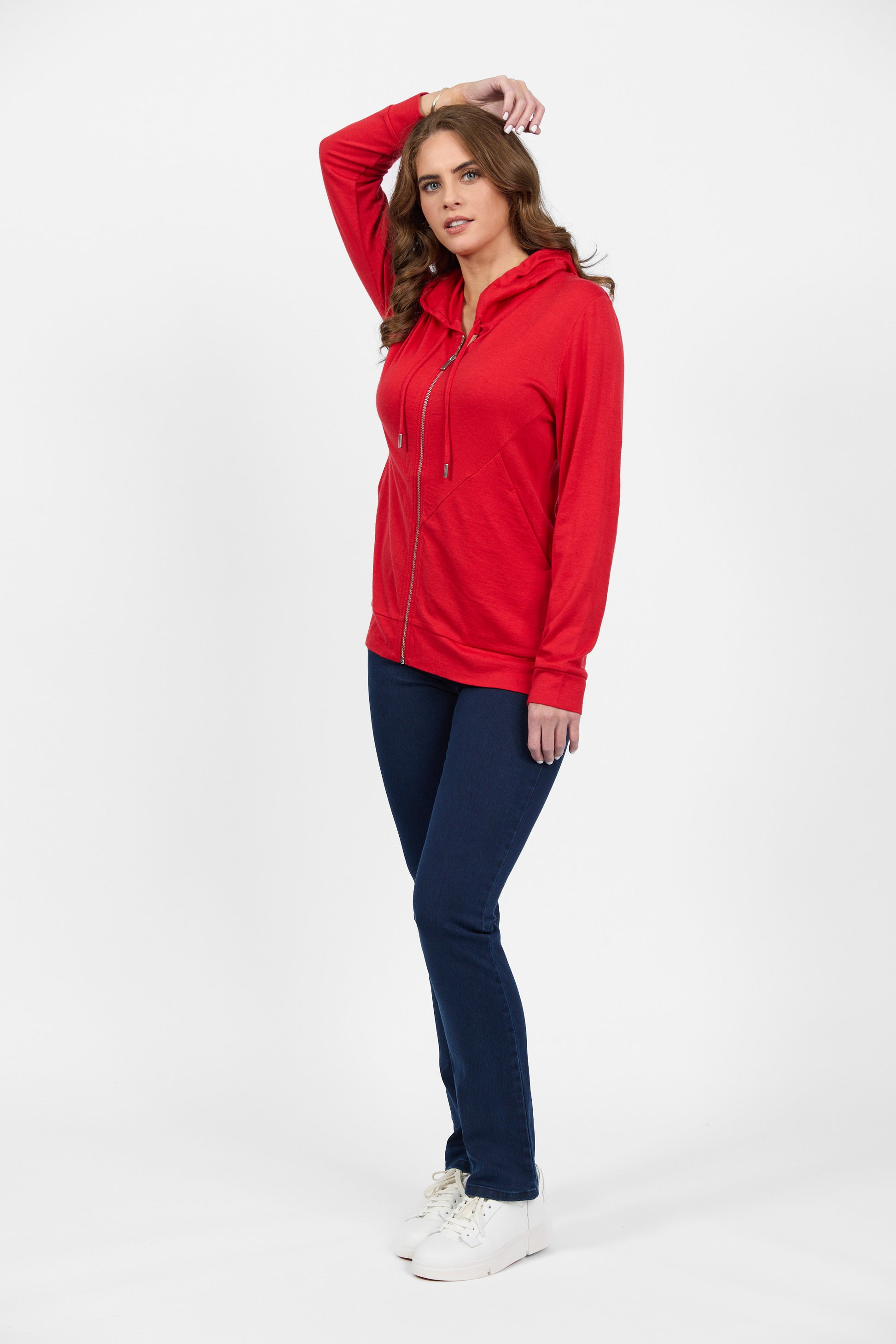 4437A Scarlet - 100% Merino Zip Up Hooded Jacket with Scooped Back Hem - Vassalli