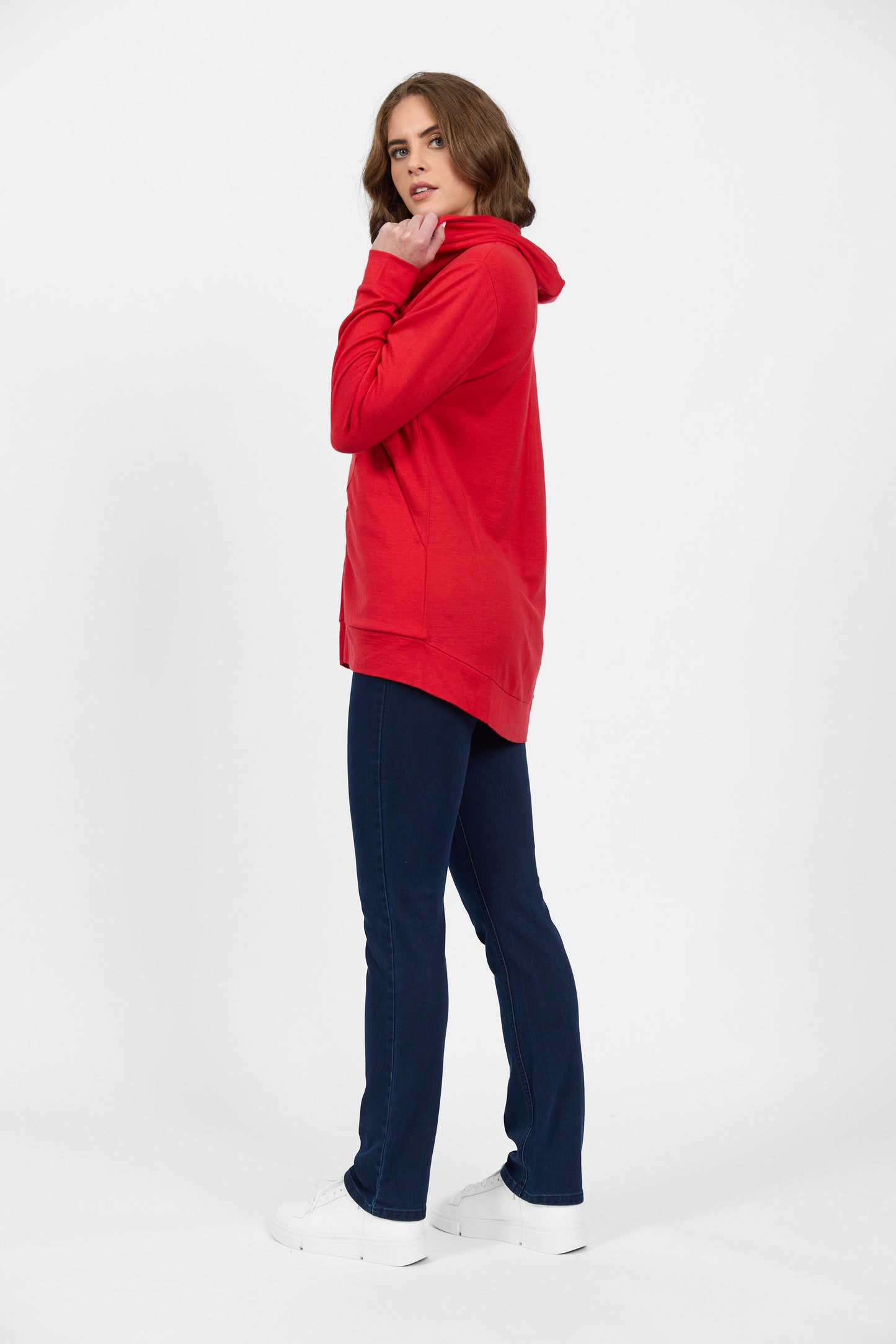 4437A Scarlet - 100% Merino Zip Up Hooded Jacket with Scooped Back Hem - Vassalli