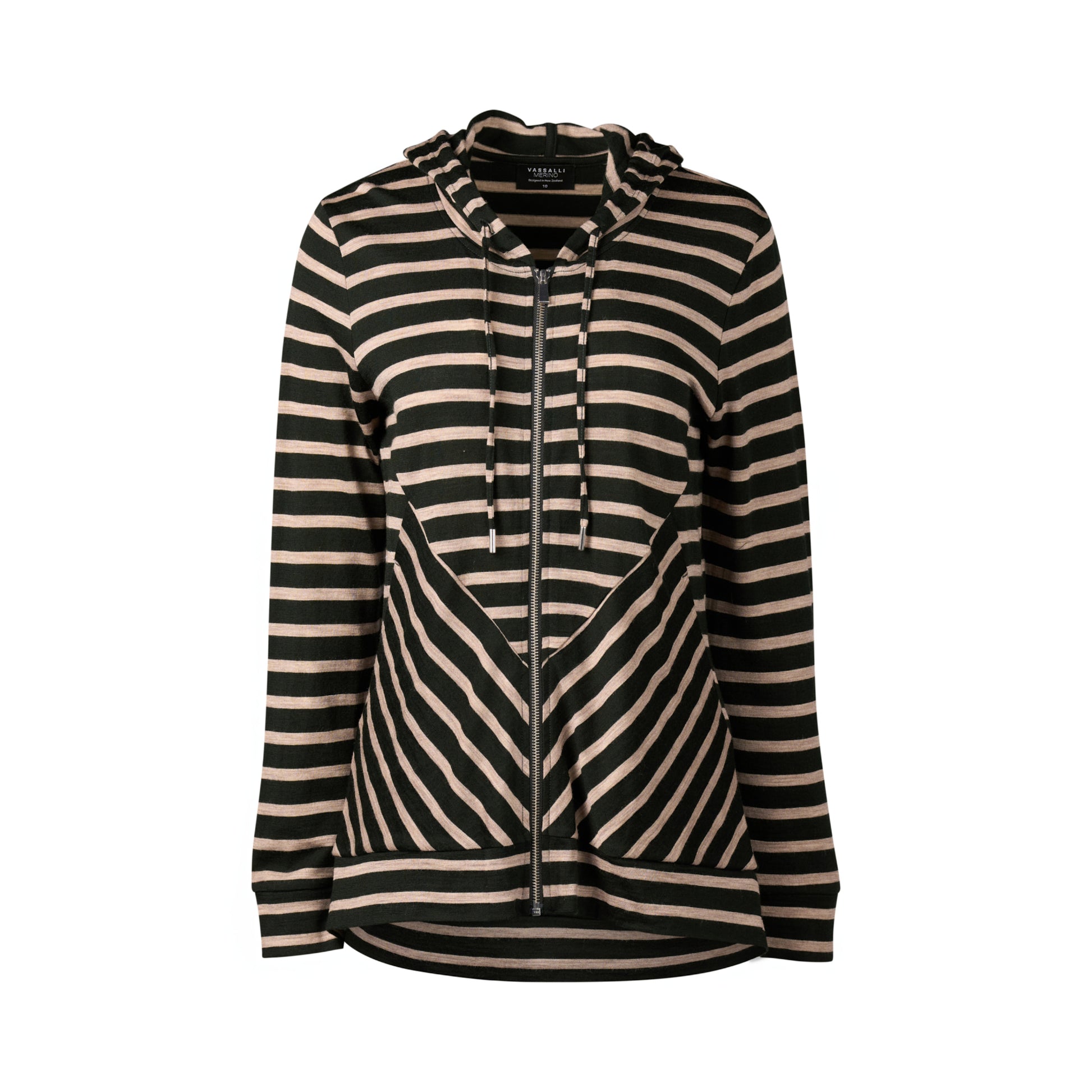 4437A Forest/Twig Stripe - 100% Merino Zip Up Hooded Jacket with Scooped Back Hem - Vassalli