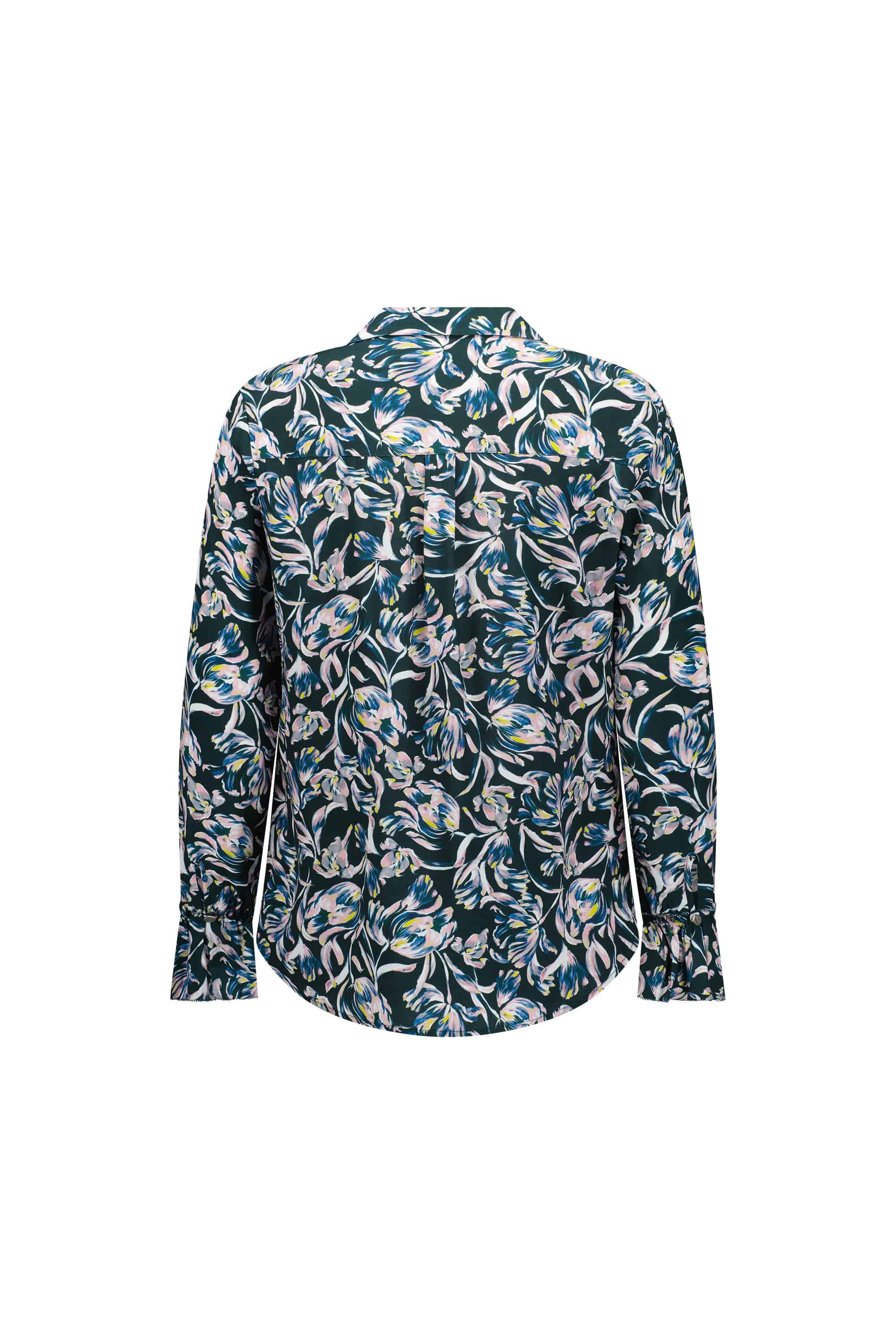 The Vassalli Long Sleeve Shirt - Valentina features a loose fit, dark green base, all-over floral print in white, blue and yellow, ruffle trim cuffs, and is shown from the back.