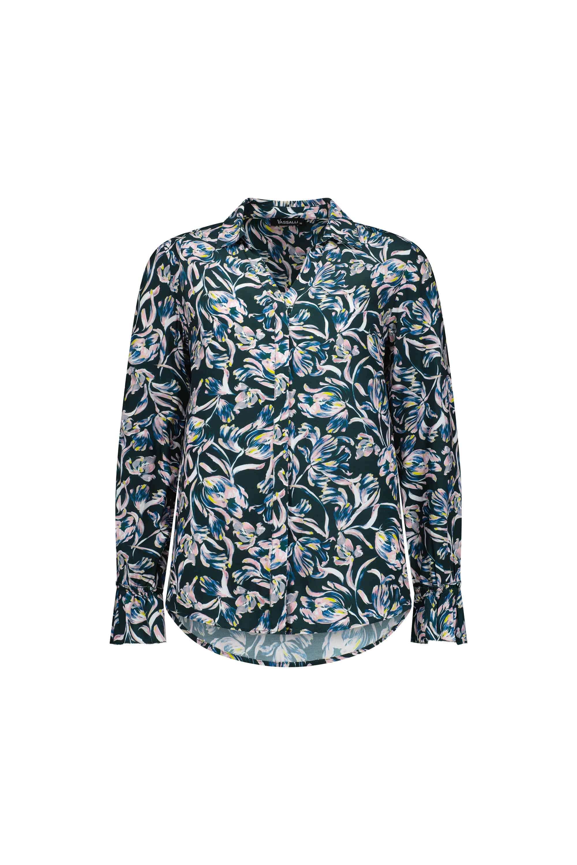 The Vassalli Long Sleeve Shirt - Valentina showcases a dark green base with blue, pink, and white florals, a relaxed fit, classic collar, curved hem, and ruffle trim cuffs for stylish charm.