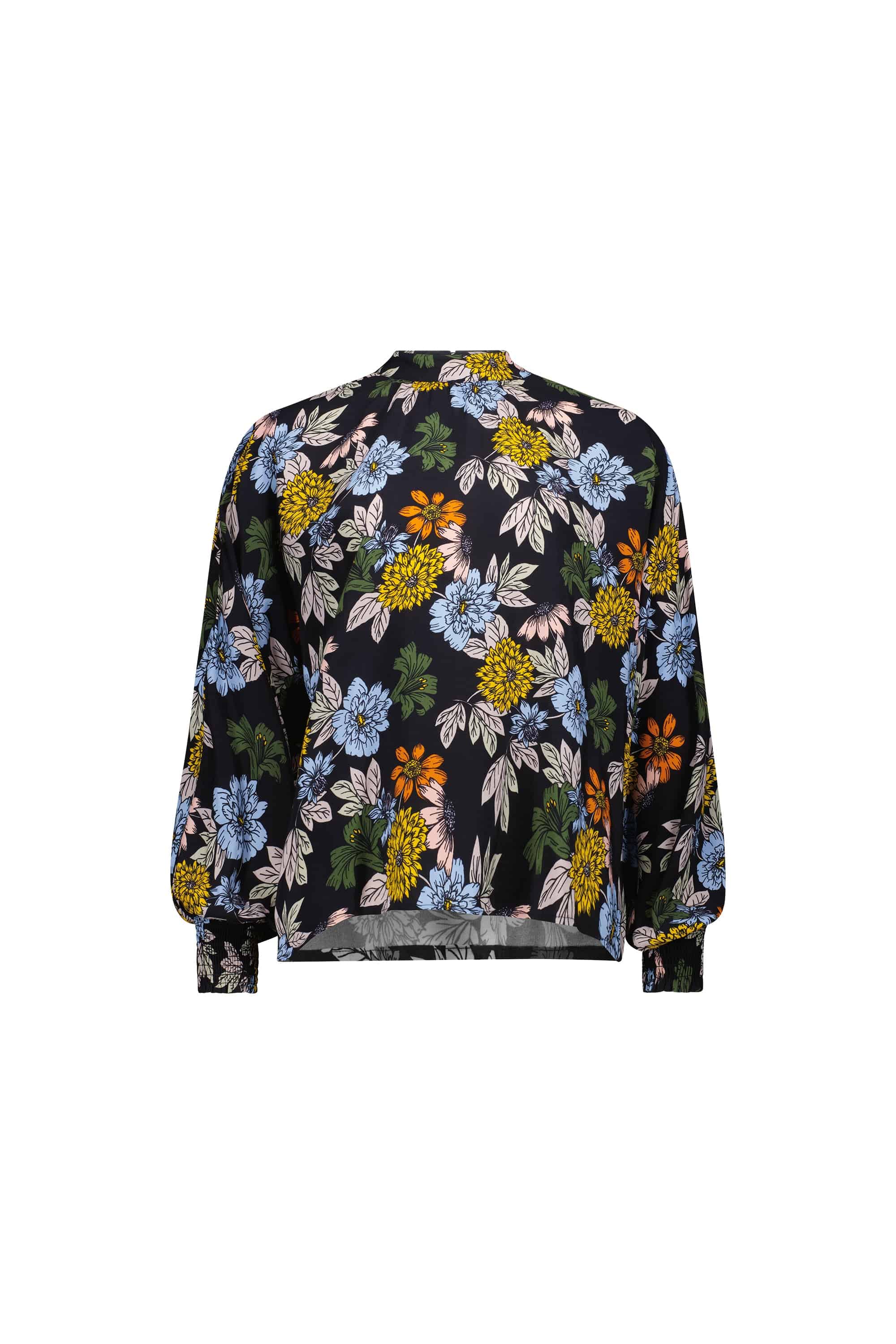 The Vassalli Printed Top - Viva La Bloom features a chic high neckline, floaty long sleeves with elastic cuffs, and a striking blue, yellow, and orange floral print on a black background.
