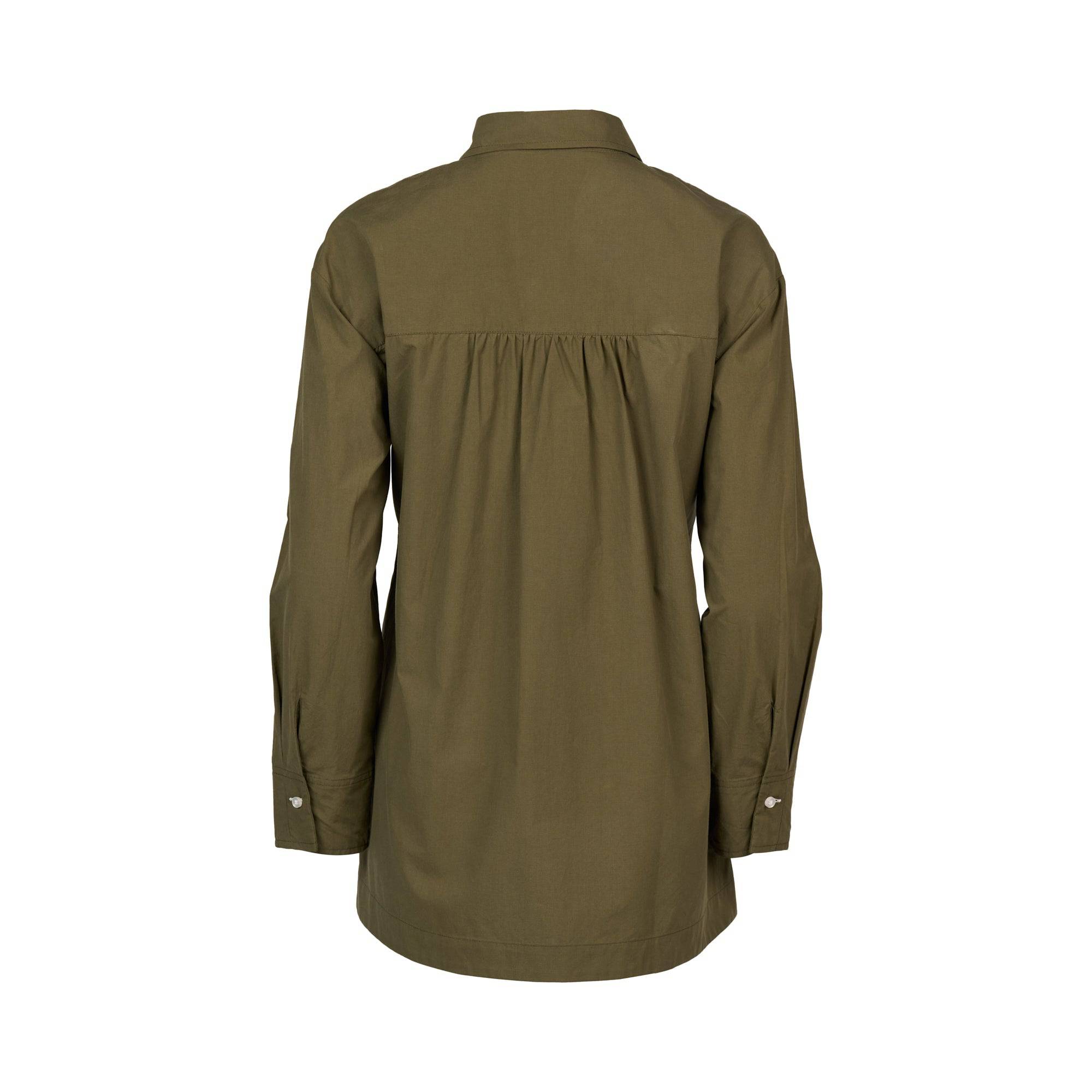 The Vassalli Shirt – Olive/White is pictured from the back, displaying a yoke with gathered fabric beneath, a collar, and buttoned cuffs. This olive green long-sleeve shirt features contrast stitching, a straight hem, and an easy loose fit for an effortlessly relaxed look.