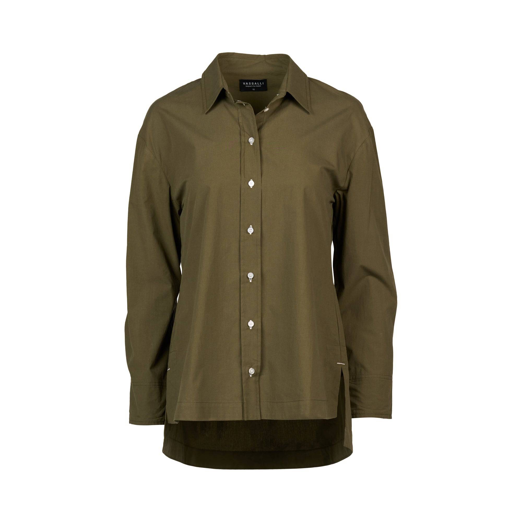 Vassalli Shirt - Olive/White: This olive green long-sleeve shirt by Vassalli features a collared neckline, white buttons, a loose fit, and a subtly extended back hem, shown against a plain white background.