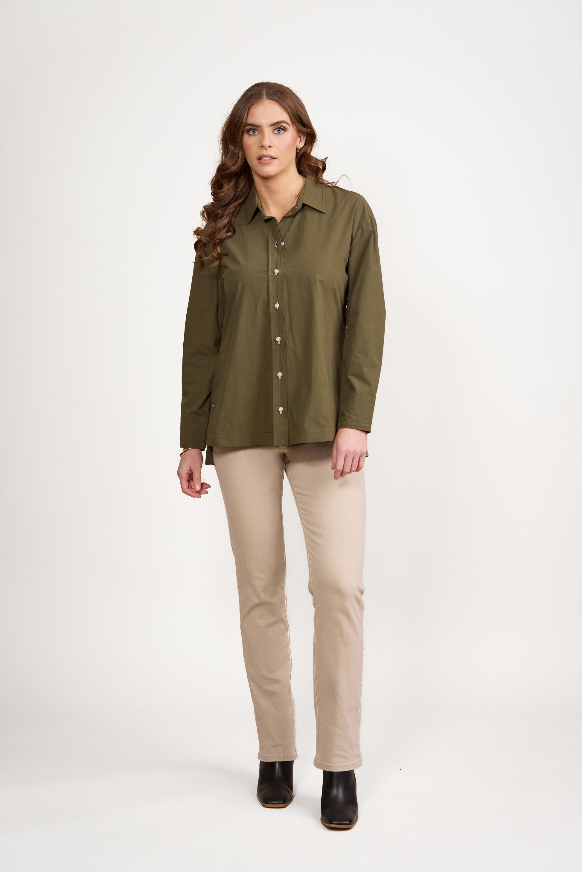 4441 Olive/White - Shirt with Contrast Coloured Stitching and Side Splits - Vassalli