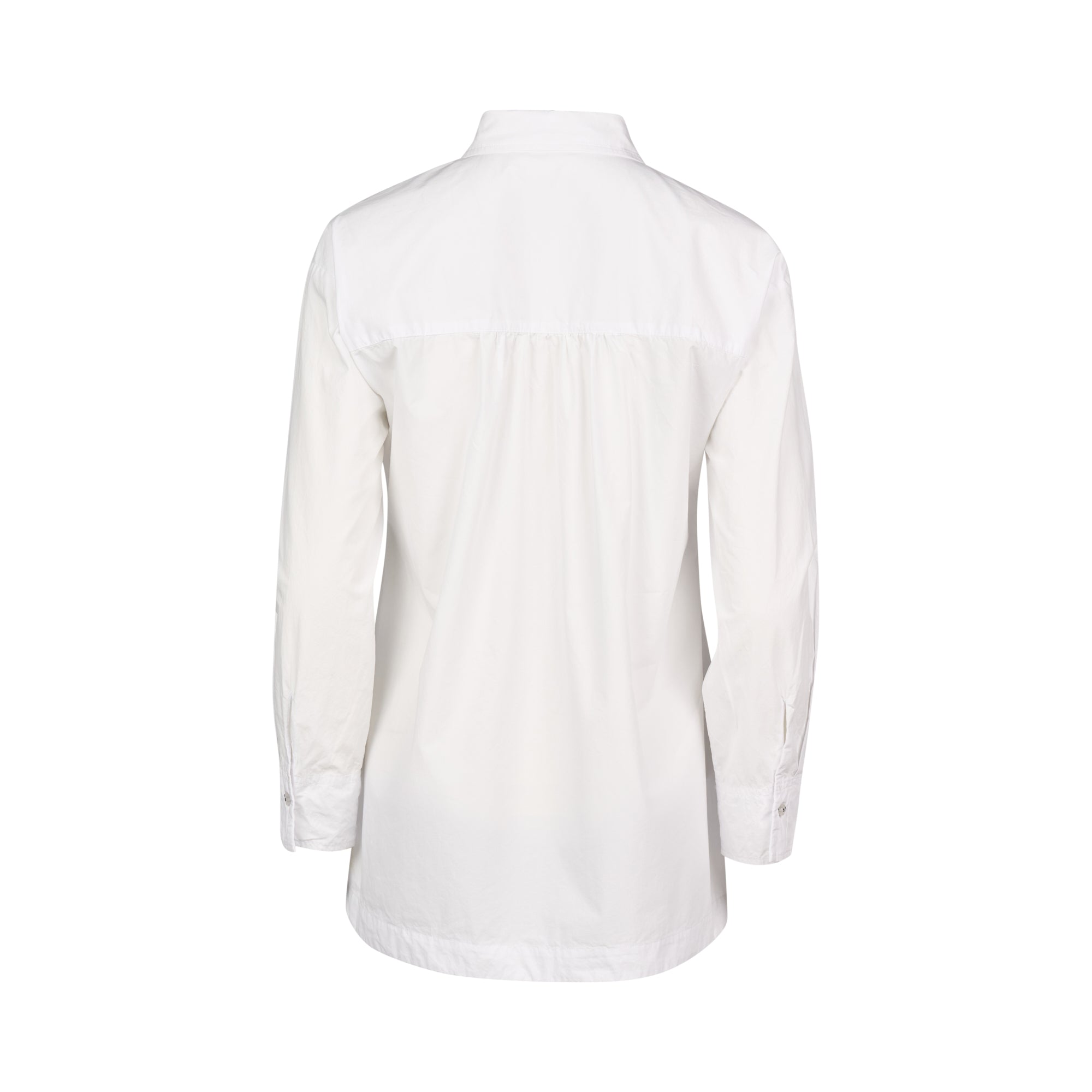 Back view of the Vassalli Shirt - White/Ink, featuring long sleeves, a collared neckline, a loose fit, and subtle contrast stitching, displayed on a plain white background.