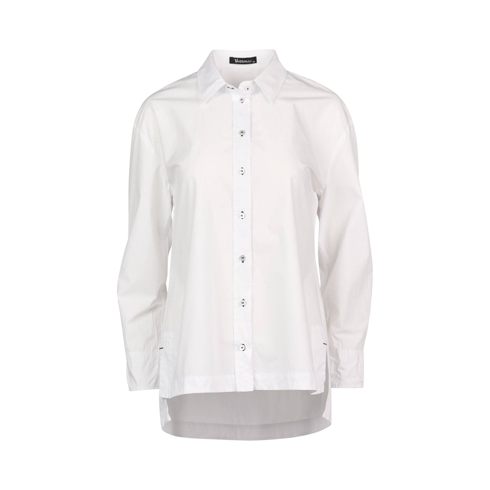 The Vassalli Shirt - White/Ink is a long-sleeve button-up with a collar, shown on a white background, and offers a loose fit for enhanced comfort.