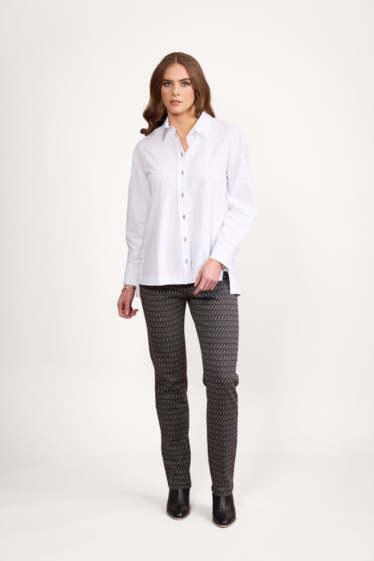 4441 White/Ink - Shirt with Contrast Coloured Stitching and Side Splits - Vassalli