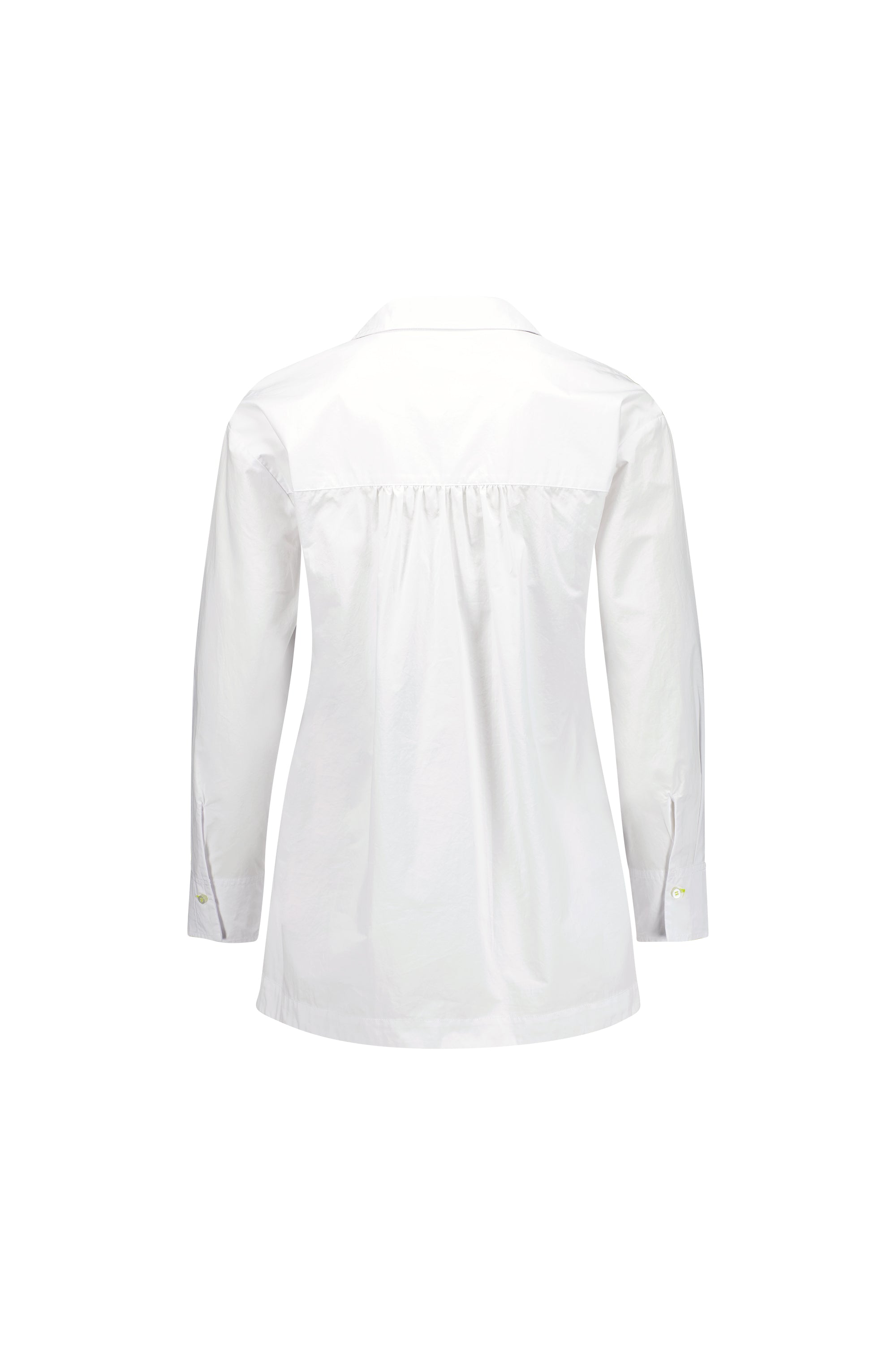 A plain white Vassalli Shirt - White/Lime, shown from the back, highlights a straight hem, gathered detail across the upper back, subtle contrast stitching, and buttoned cuffs.
