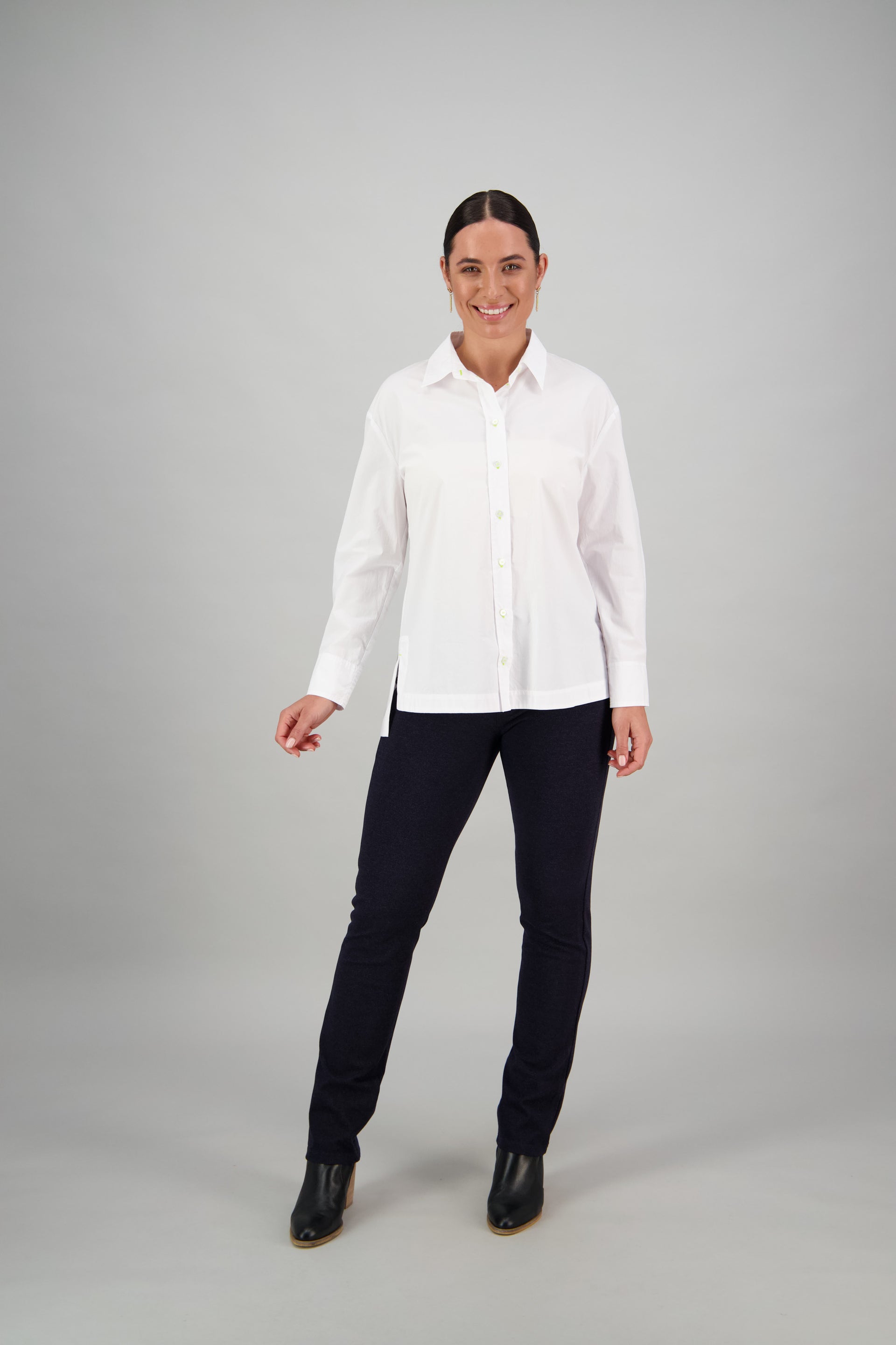 4441 White/Lime - Shirt with Contrast Coloured Stitching and Side Splits - Vassalli