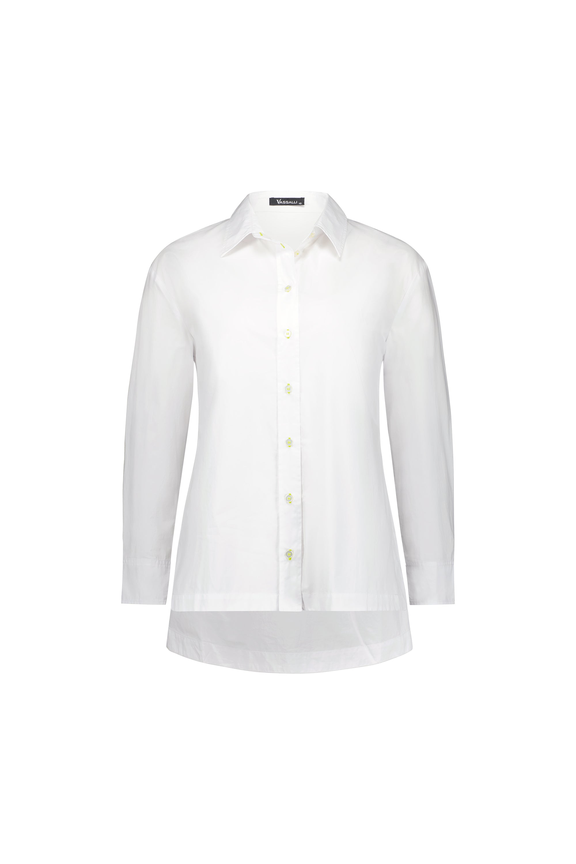 The Vassalli Shirt - White/Lime is a long-sleeve, front-facing button-up with a collar, showcased against a plain white background. Crisp and classic, it features visible buttons and cuffs, while subtle contrast lime stitching adds an elevated touch to the timeless silhouette.