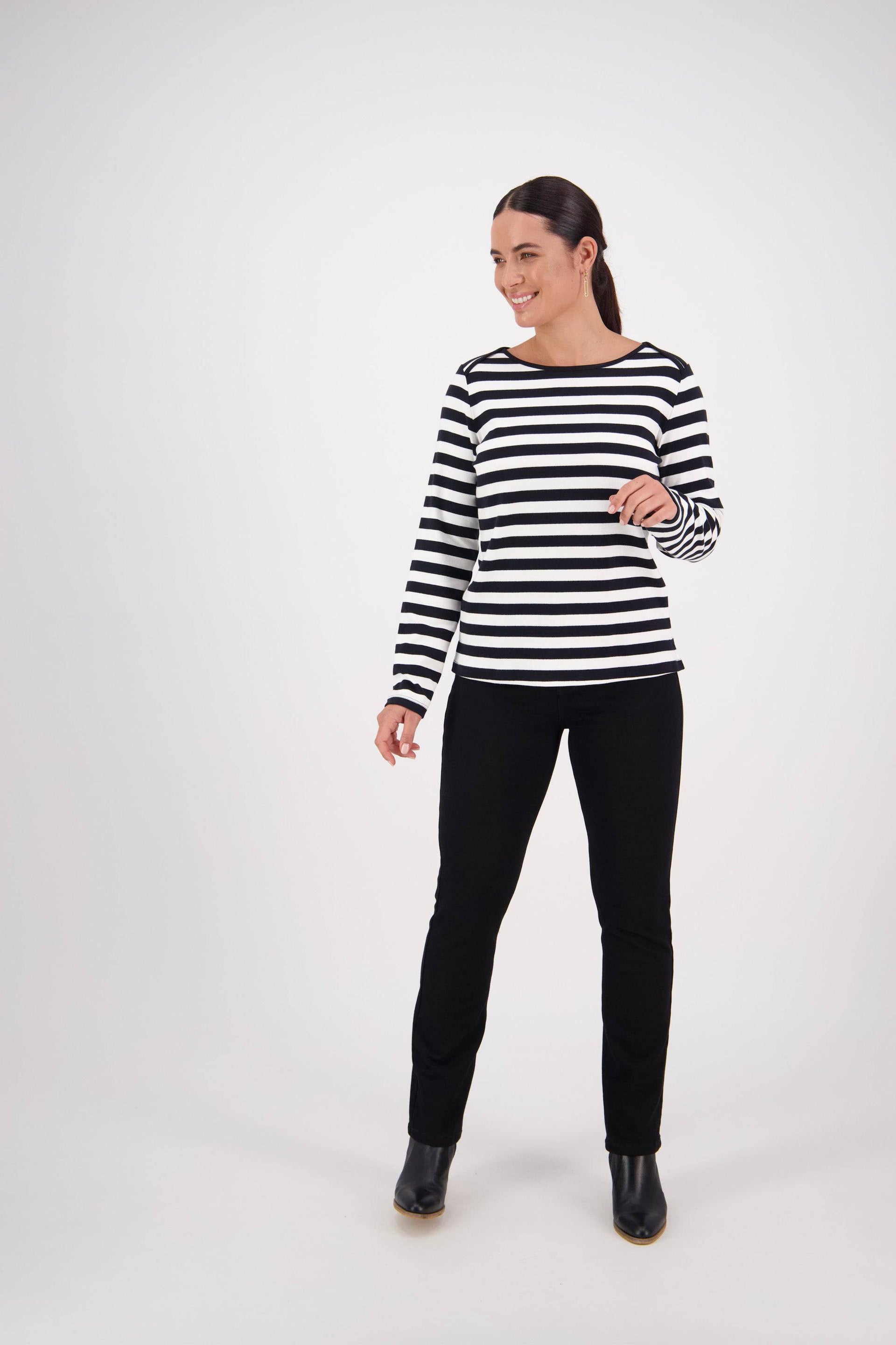 4443S Black/White Stripe - Envelope Neck Long Sleeve Top - Vassalli