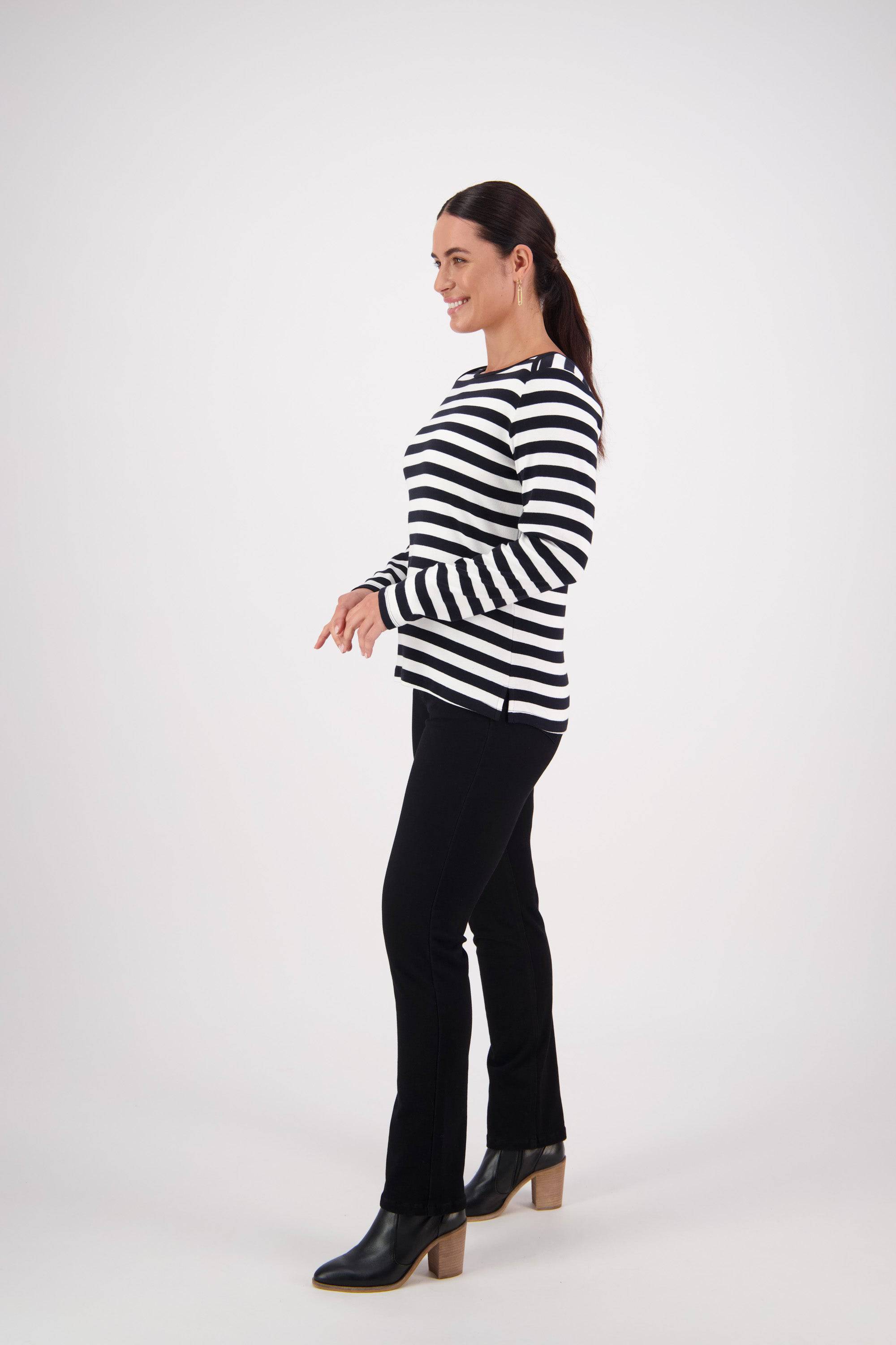 4443S Black/White Stripe - Envelope Neck Long Sleeve Top - Vassalli