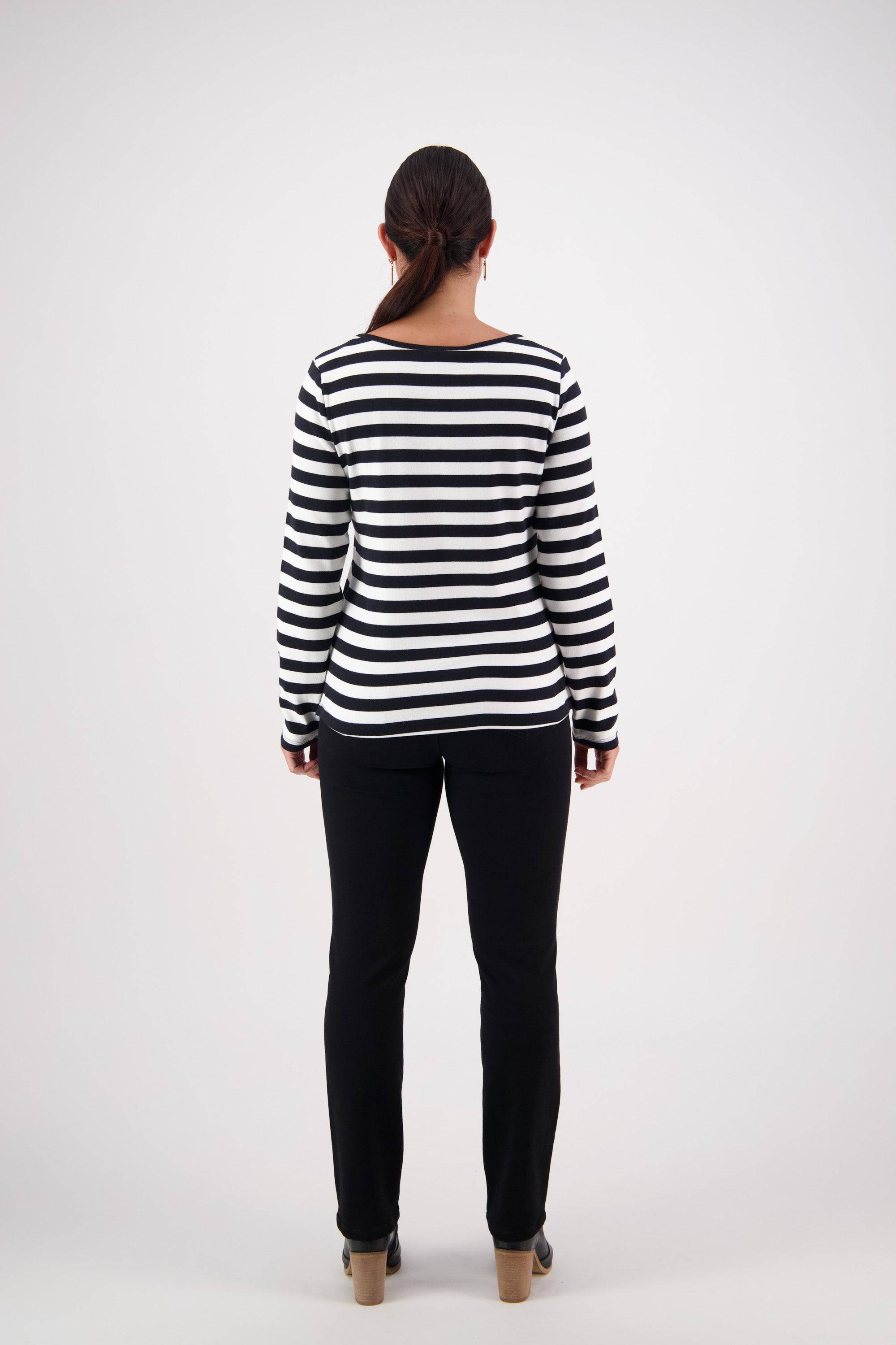 4443S Black/White Stripe - Envelope Neck Long Sleeve Top - Vassalli