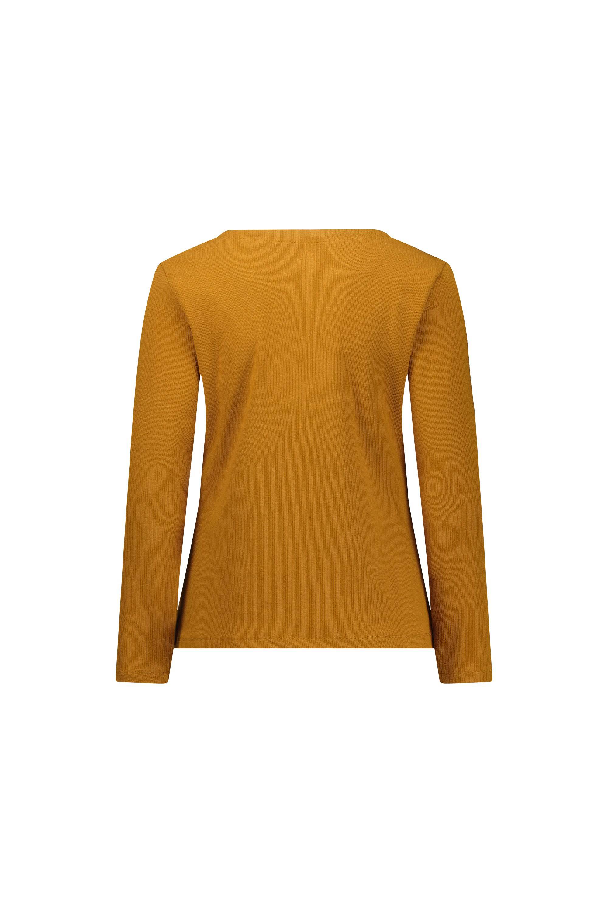 A Vassalli V-Neck Top in Tobacco, designed for women, crafted from soft rib fabric with a relaxed fit, is shown from the back and displayed on a plain white background.