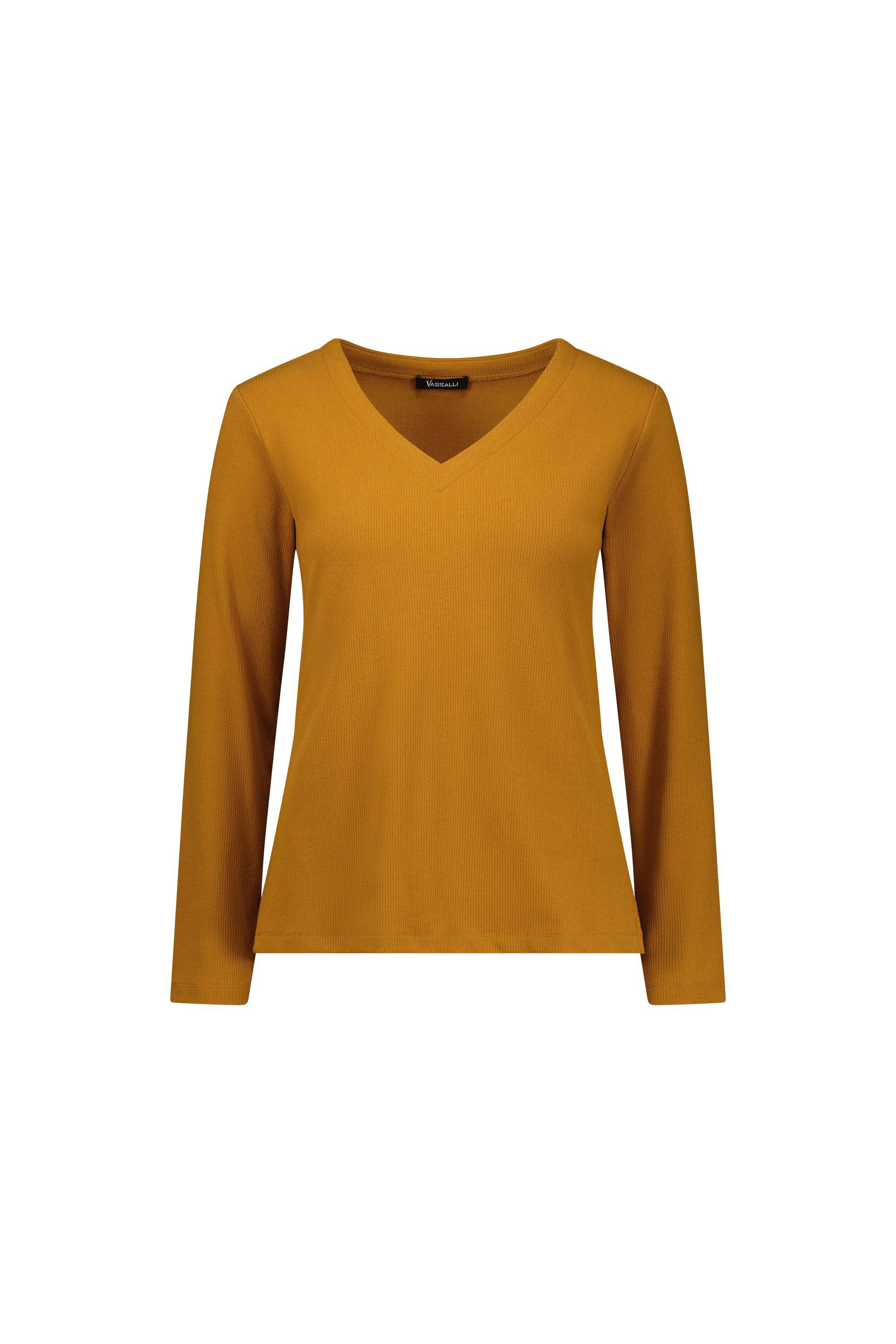 A tobacco-colored, relaxed fit Vassalli V-Neck Top for women, crafted from soft rib fabric and displayed on a plain white background.