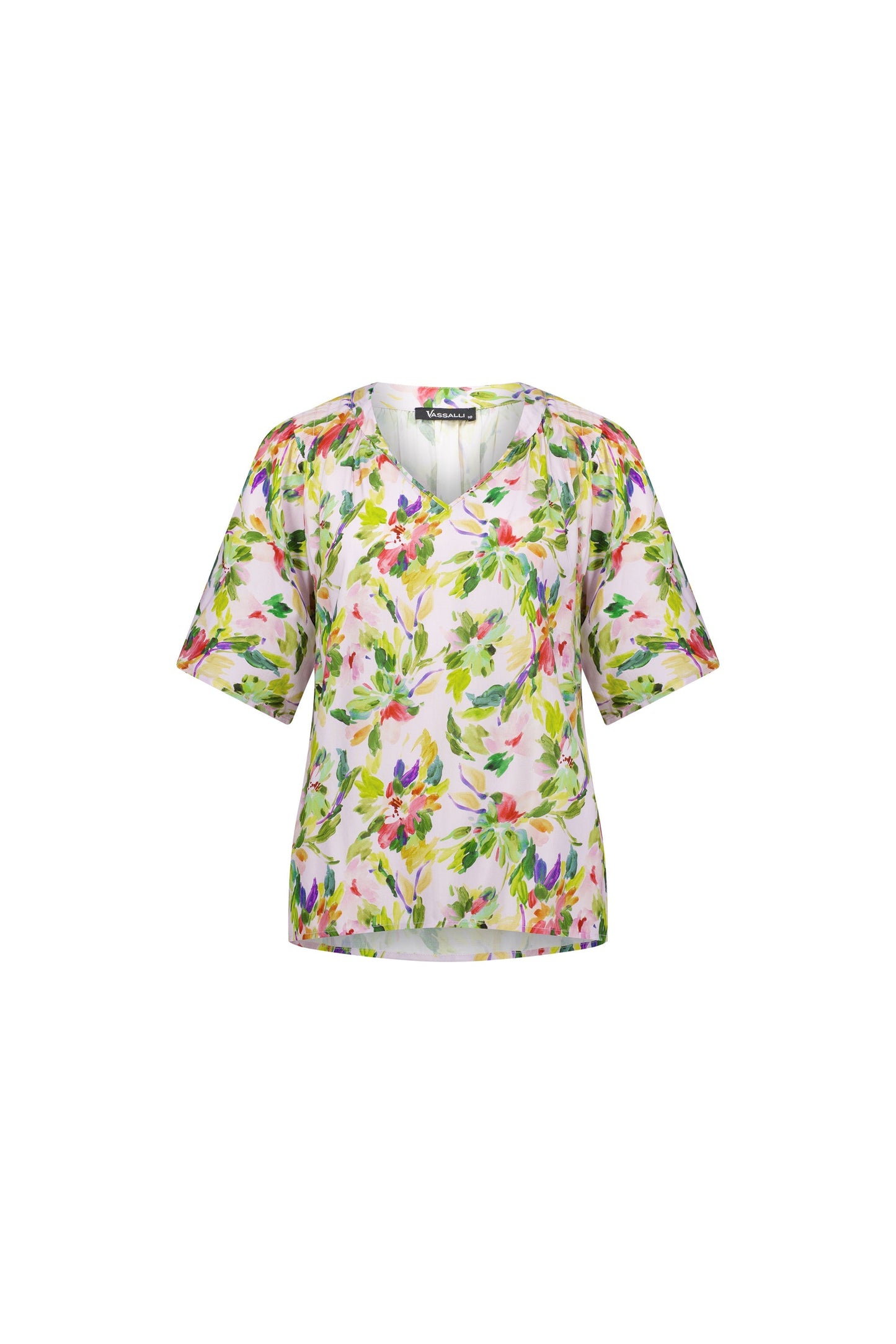 4447 Capri - Short Sleeve V Neck Top with Shirred Shoulders - Vassalli