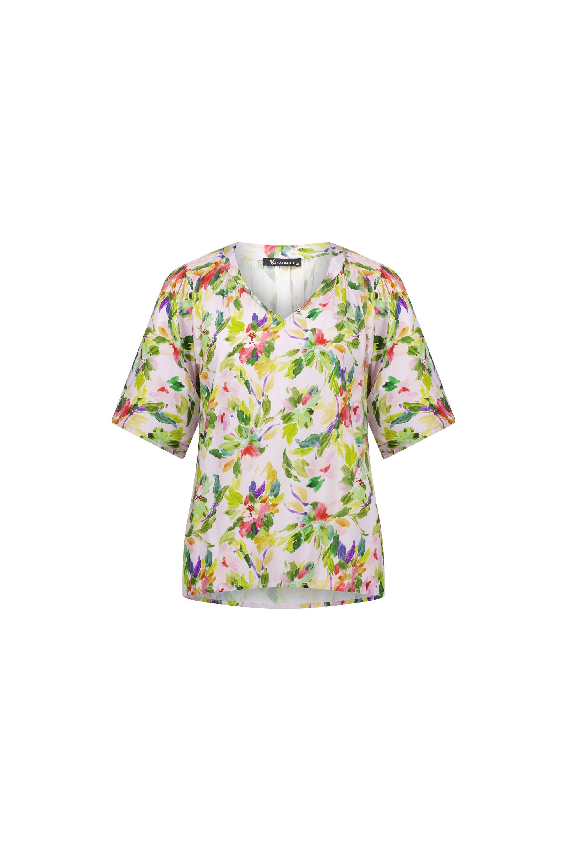 4447 Capri - Short Sleeve V Neck Top with Shirred Shoulders - Vassalli