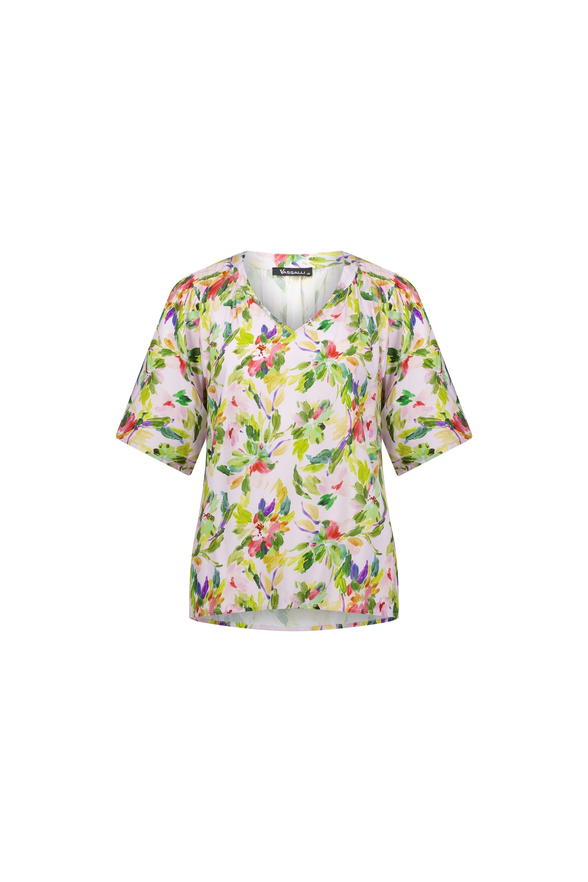 4447 Capri - Short Sleeve V Neck Top with Shirred Shoulders - Vassalli