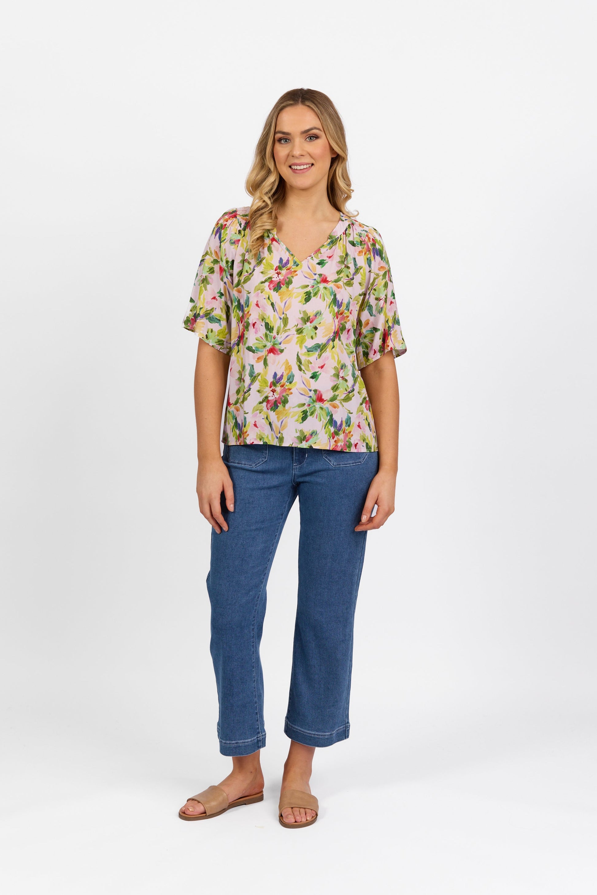 4447 Capri - Short Sleeve V Neck Top with Shirred Shoulders - Vassalli