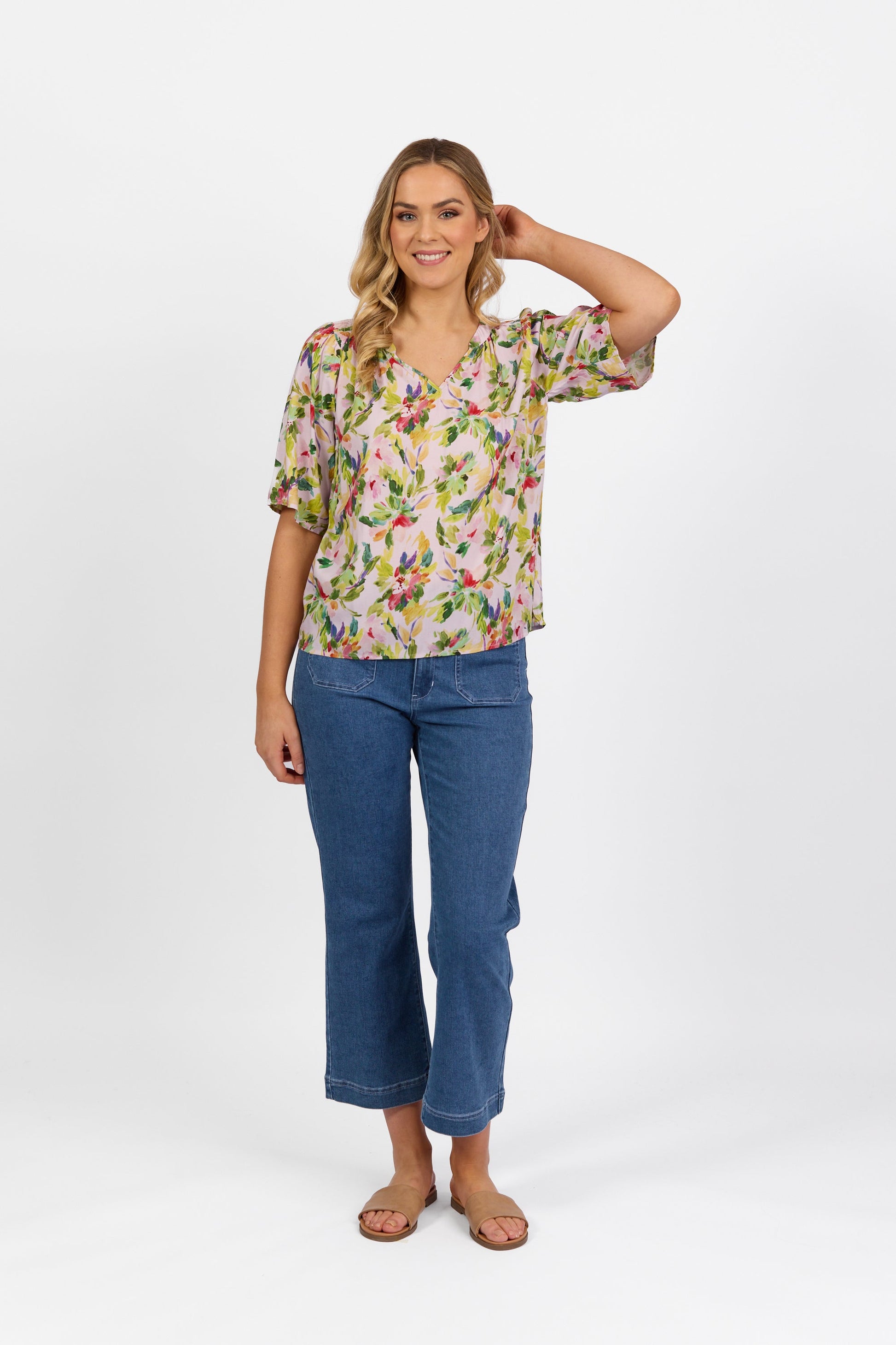 4447 Capri - Short Sleeve V Neck Top with Shirred Shoulders - Vassalli
