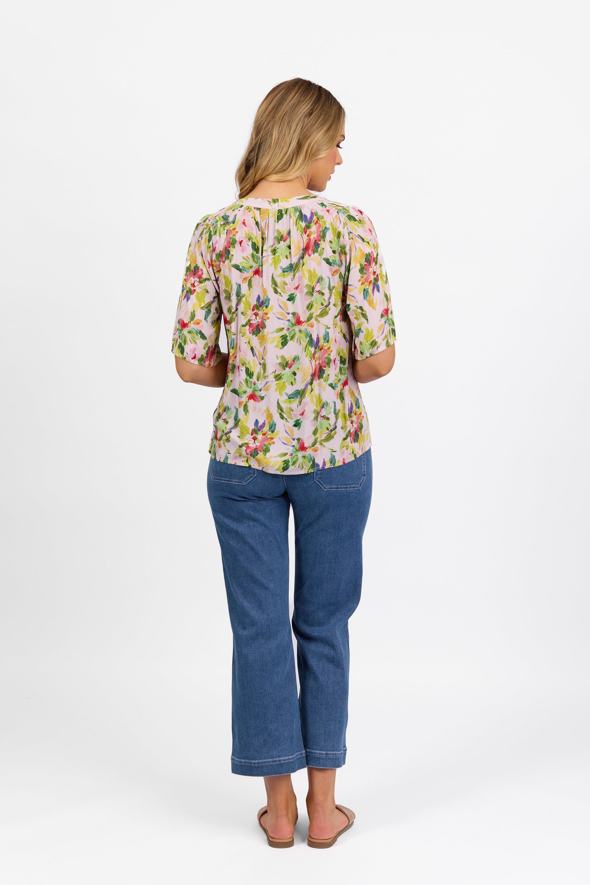4447 Capri - Short Sleeve V Neck Top with Shirred Shoulders - Vassalli